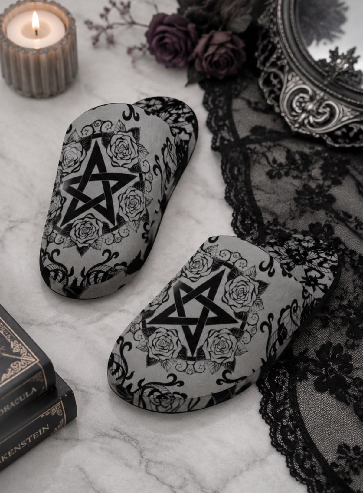 Pagan Pentagram Rose Lace Slippers
