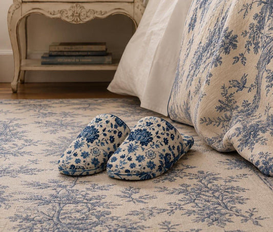 Cottagecore Blue Toile Flannel Slipper Chinoiserie Cotton Bridesmaid Gift Cute Couquette Something Blue Stylish Trendy Shoes for Women Mom