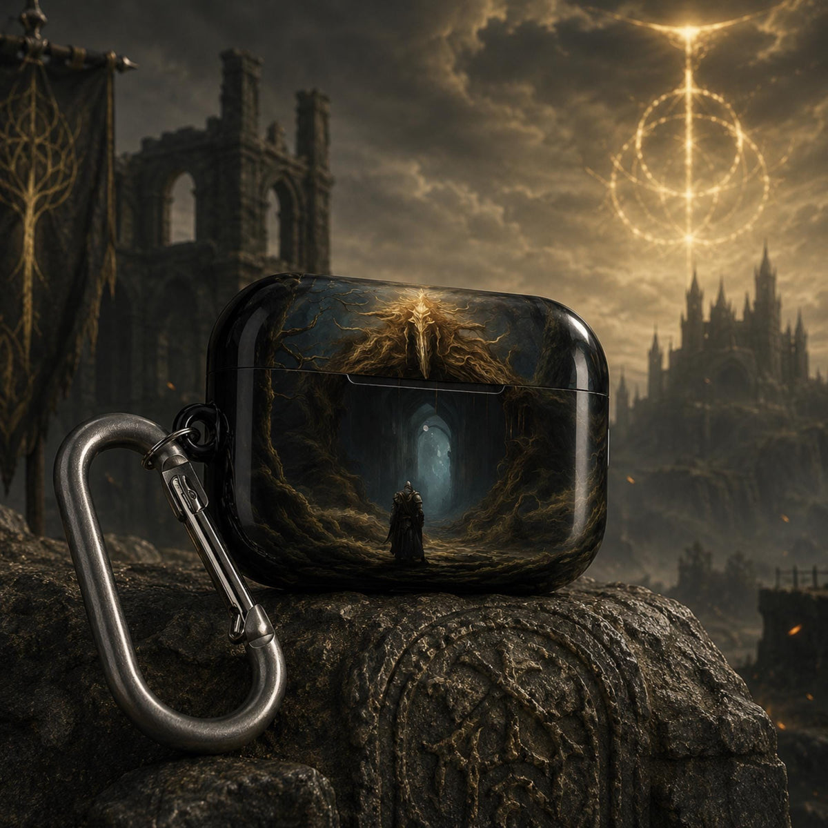 Elden Ring AirPod Case Fantasy Art Earbud Holder for Gamer Fantasy Art Magical Scene Earbud Holder Gift for Gamer Dragonborn Geeky Accessory