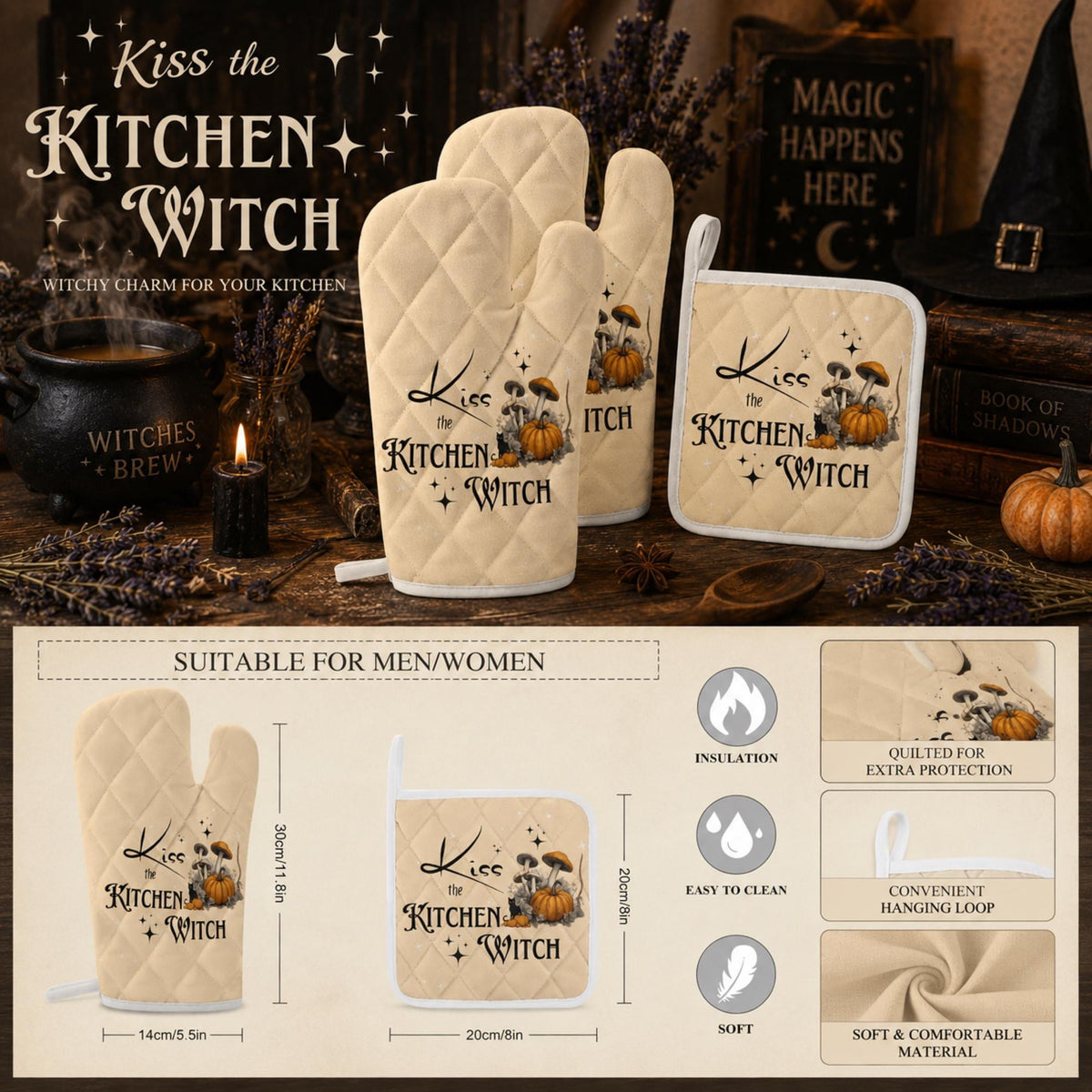 Kitchen Witch Oven Mitts & Pot Holder Set for Spooky Cook Gift Pagan Black Magick Witchy Cookware Gift Gothic Home Chef Occult Kitchen Gear