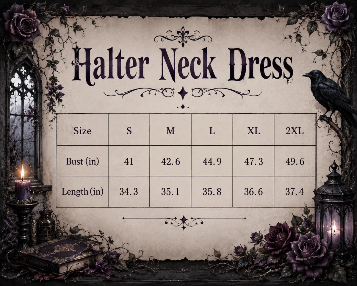 A size chart graphic for a halter neck dress, showing bust and length measurements in inches for sizes S through 2XL. The chart is styled with a gothic background featuring a black raven, dark purple roses, candles, and a lantern.
