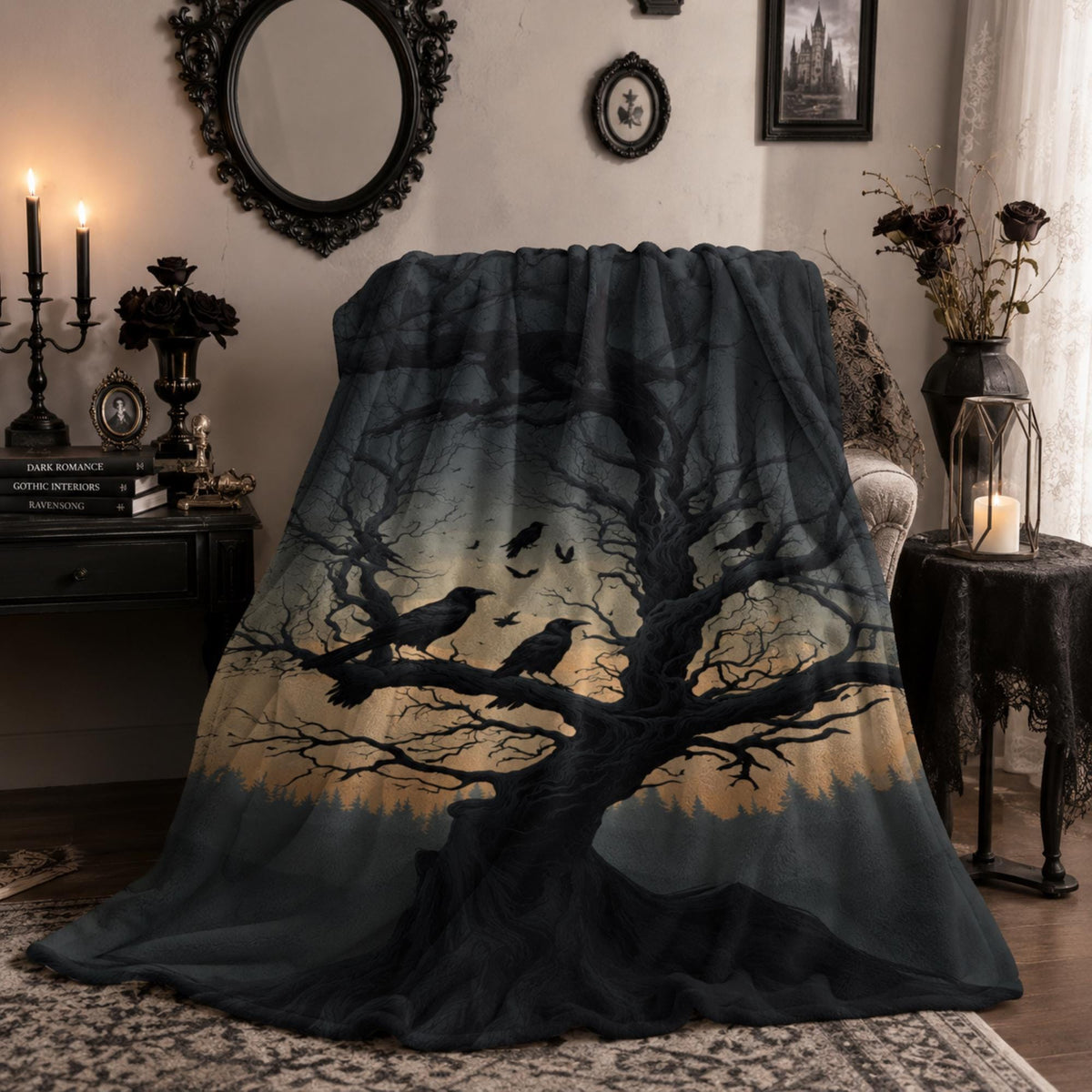 Spooky Blanket Idea for Halloween Crow Throw for Bedroom Raven Flannel Blanket Birthday Edgar Allan Poe Enthusiast Gothic Throw Witch Gift
