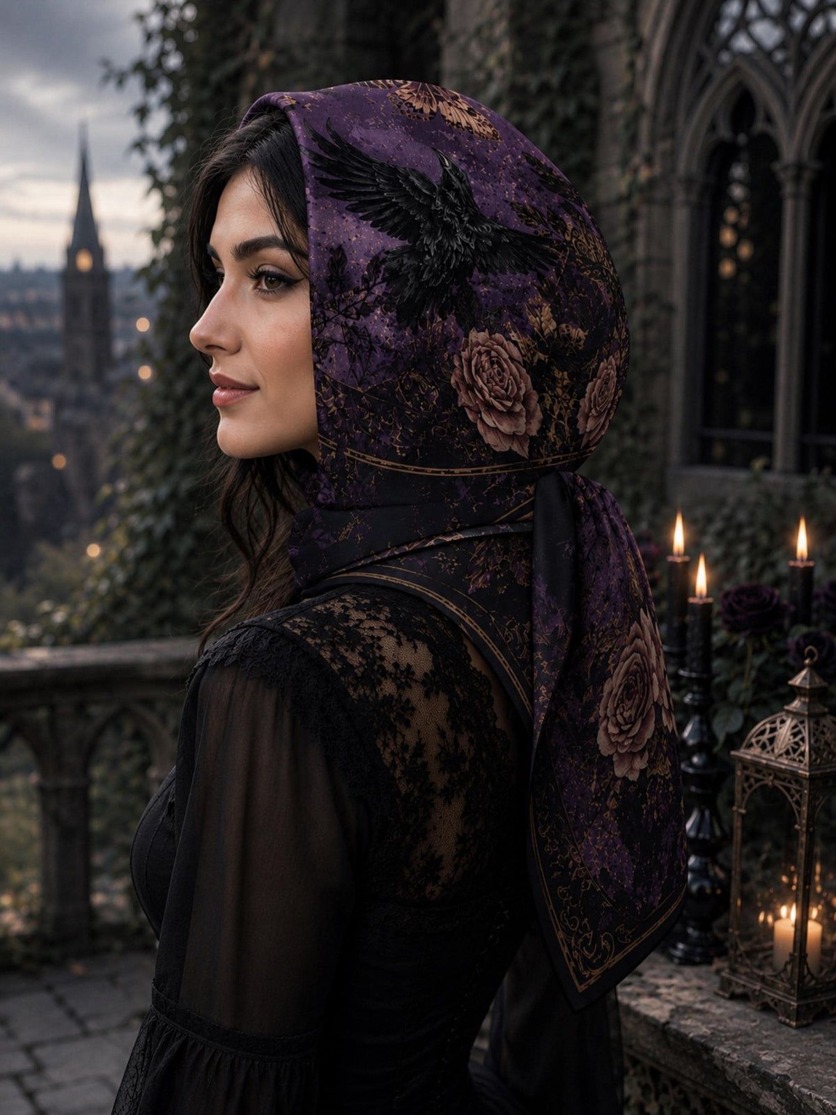 Dark Romance Altar Cloth for Gothic Halloween Party Rose & Crow Goth Scarf for Festive Holiday Magical Witch Square Holiday Gift for Mom