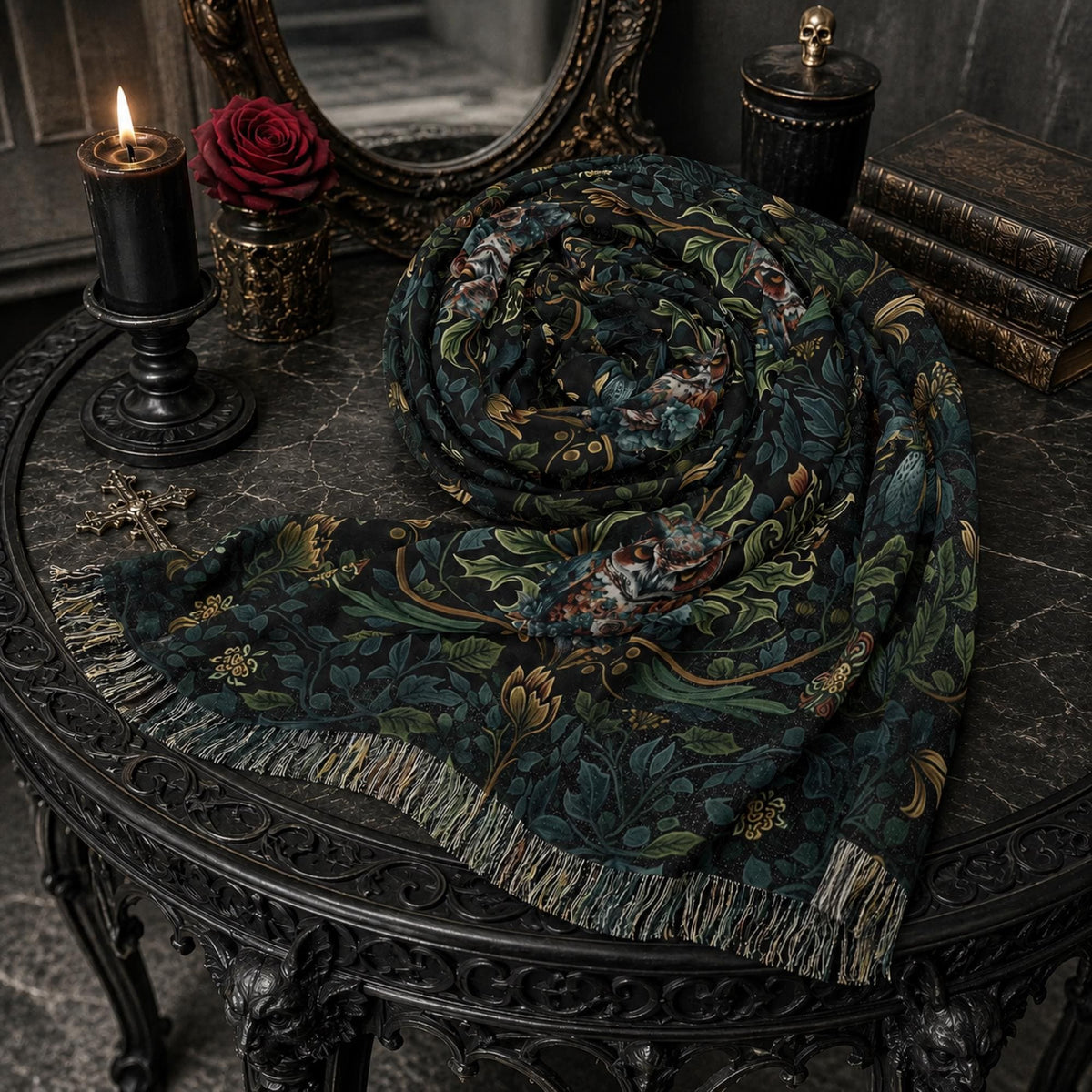 William Morris Inspired Witchy Owl Lightweight Scarf Gift for Witch Unique Neckwear Dark Academia Gothic Shawl Crow Lover Gift Raven Wrap