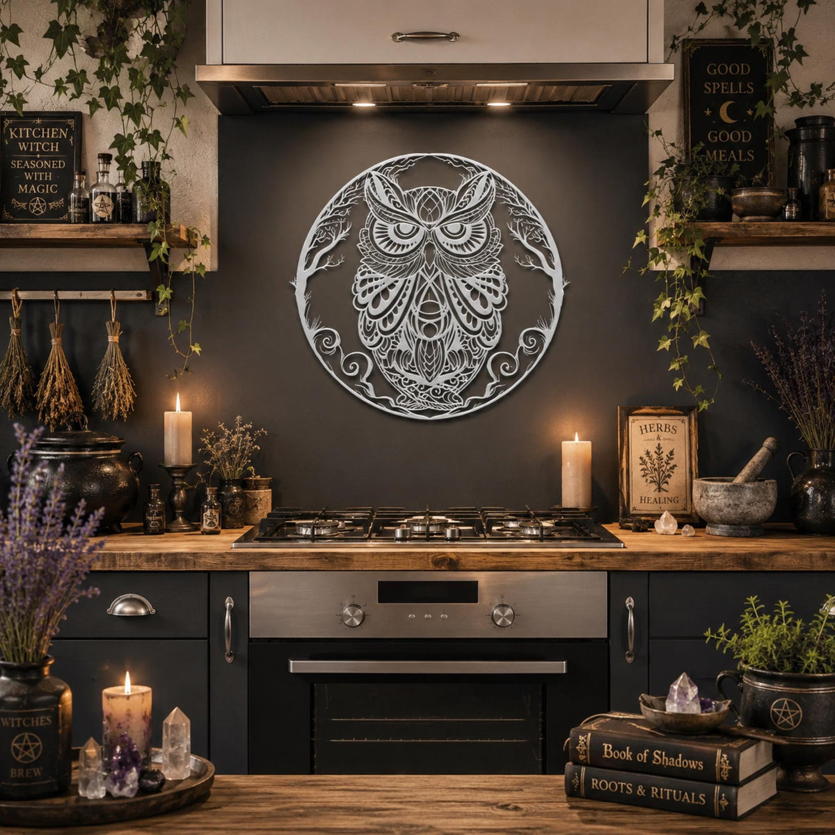 Witchy Decor Gift Idea Gothic Wall Art for Entryway Owl Metal Wreath Sign Custom Weirdcore Decor for Halloween Birthday Gift for Goth Lover