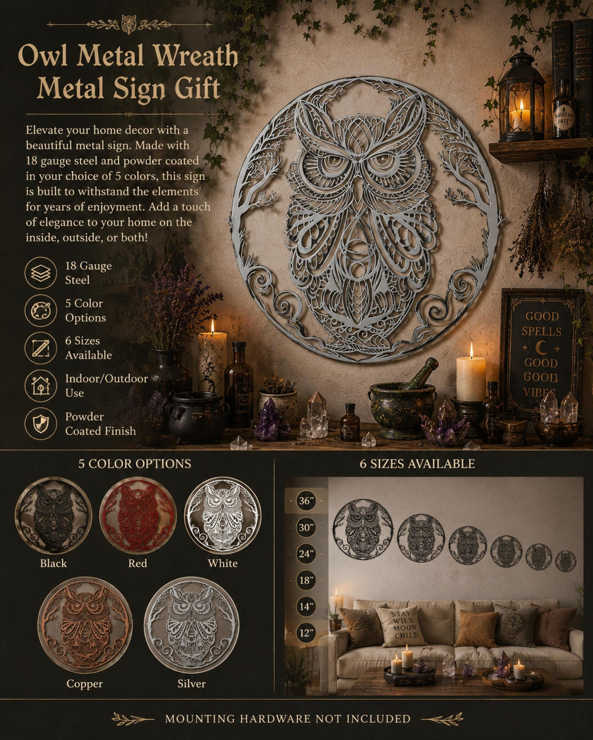 Witchy Decor Gift Idea Gothic Wall Art for Entryway Owl Metal Wreath Sign Custom Weirdcore Decor for Halloween Birthday Gift for Goth Lover