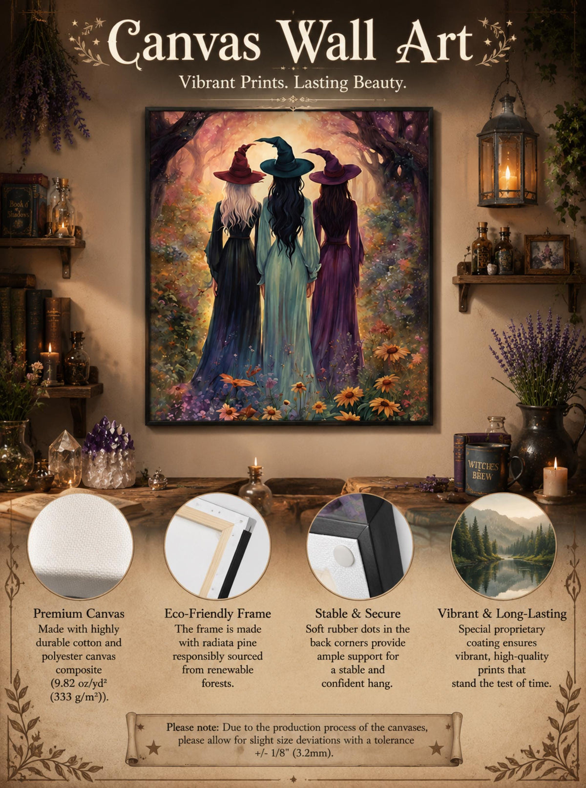 Gift for Bestie Three Witches Matte Canvas Enchanting Whimsigoth Cottagecore Witch Enchanting Halloween Vintage Wildflower Witches Coven Art