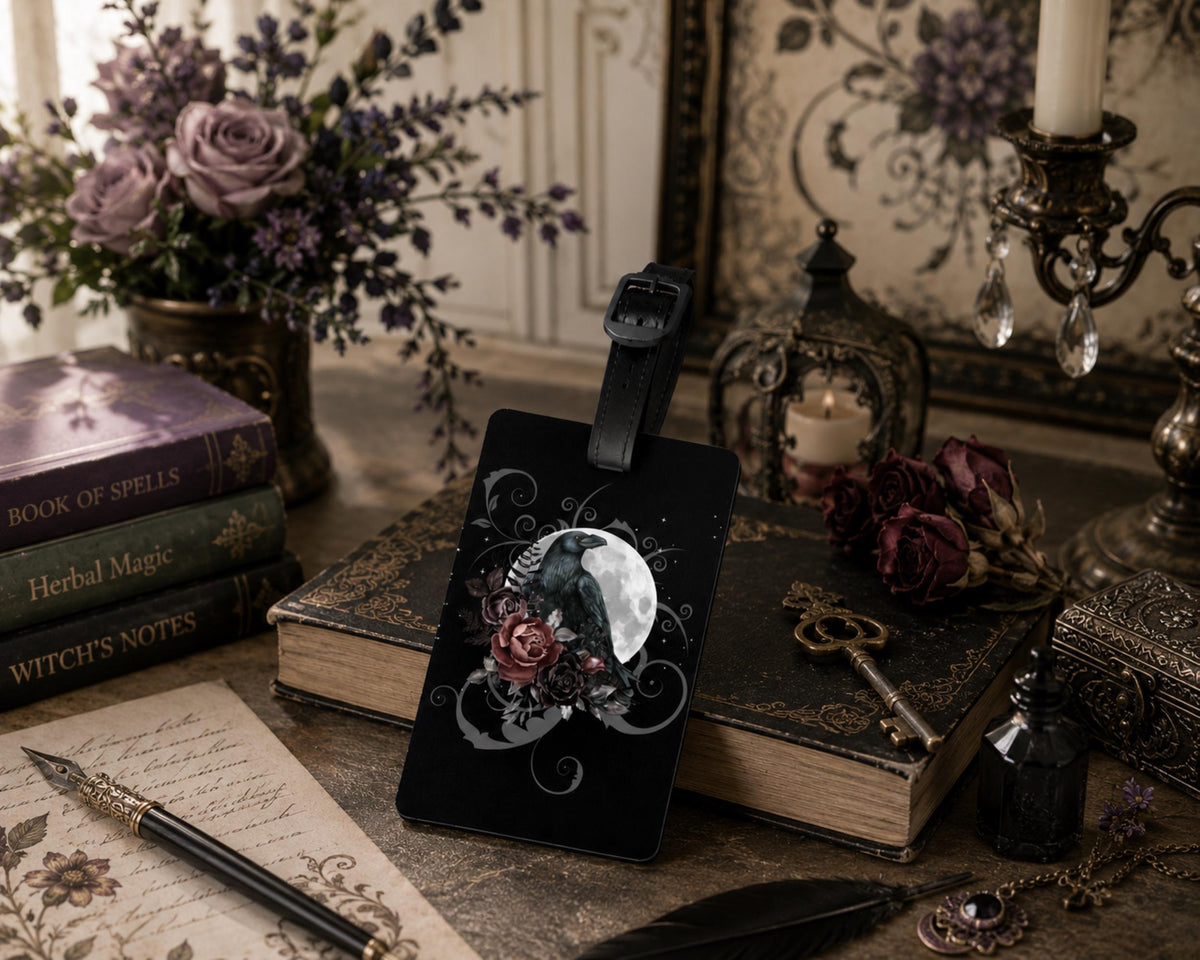 Gothic Travel Halloween Luggage Accessory Giftforher Mystical Crow Suitcase Tag Dark Academia Witch Essentials For the Holidays Solstice