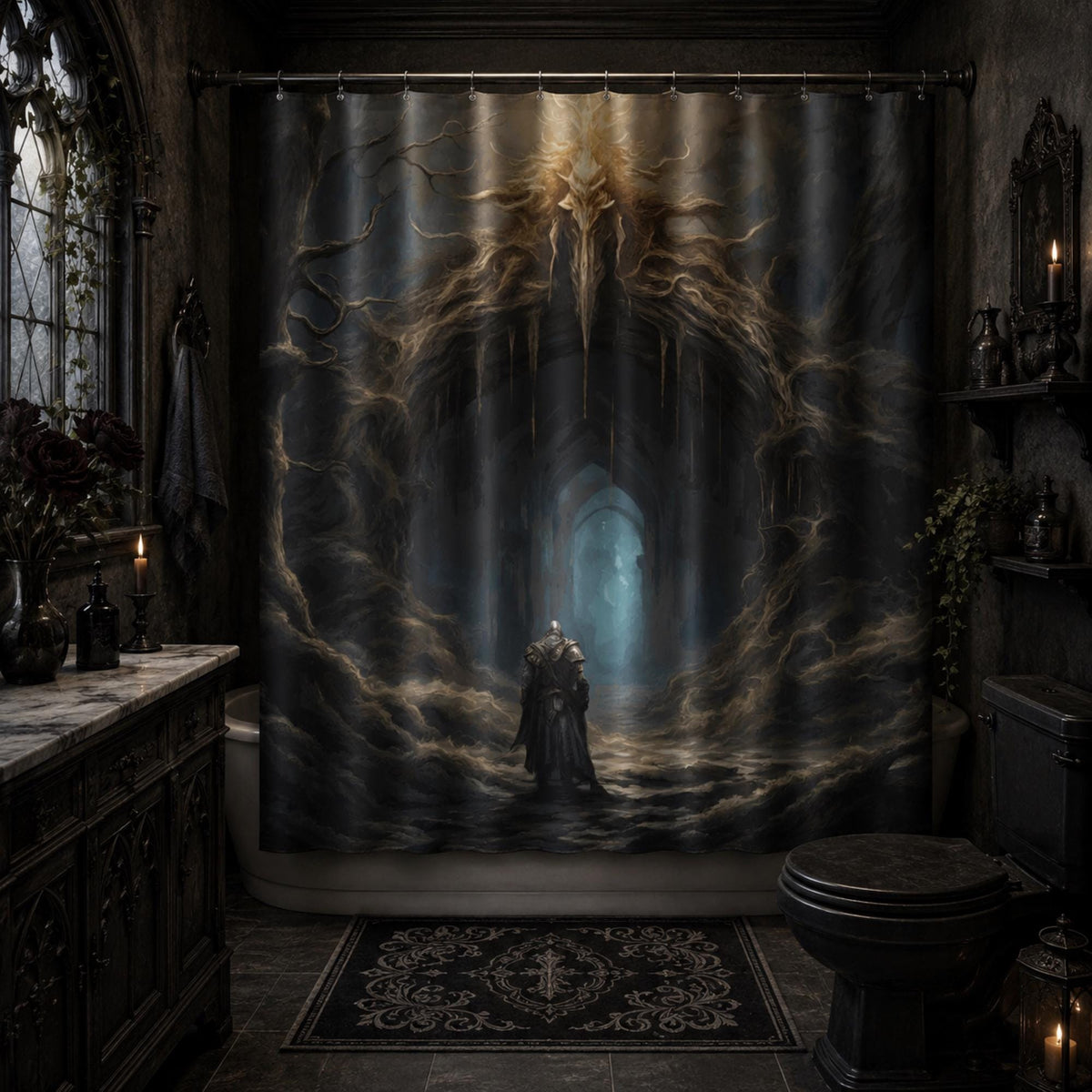 Elden Ring Warrior Gift Idea for Teen Gamer Dark Souls Bathroom Decor Gothic Fantasy Custom Shower Curtain Dark Academia Goblincore Decor
