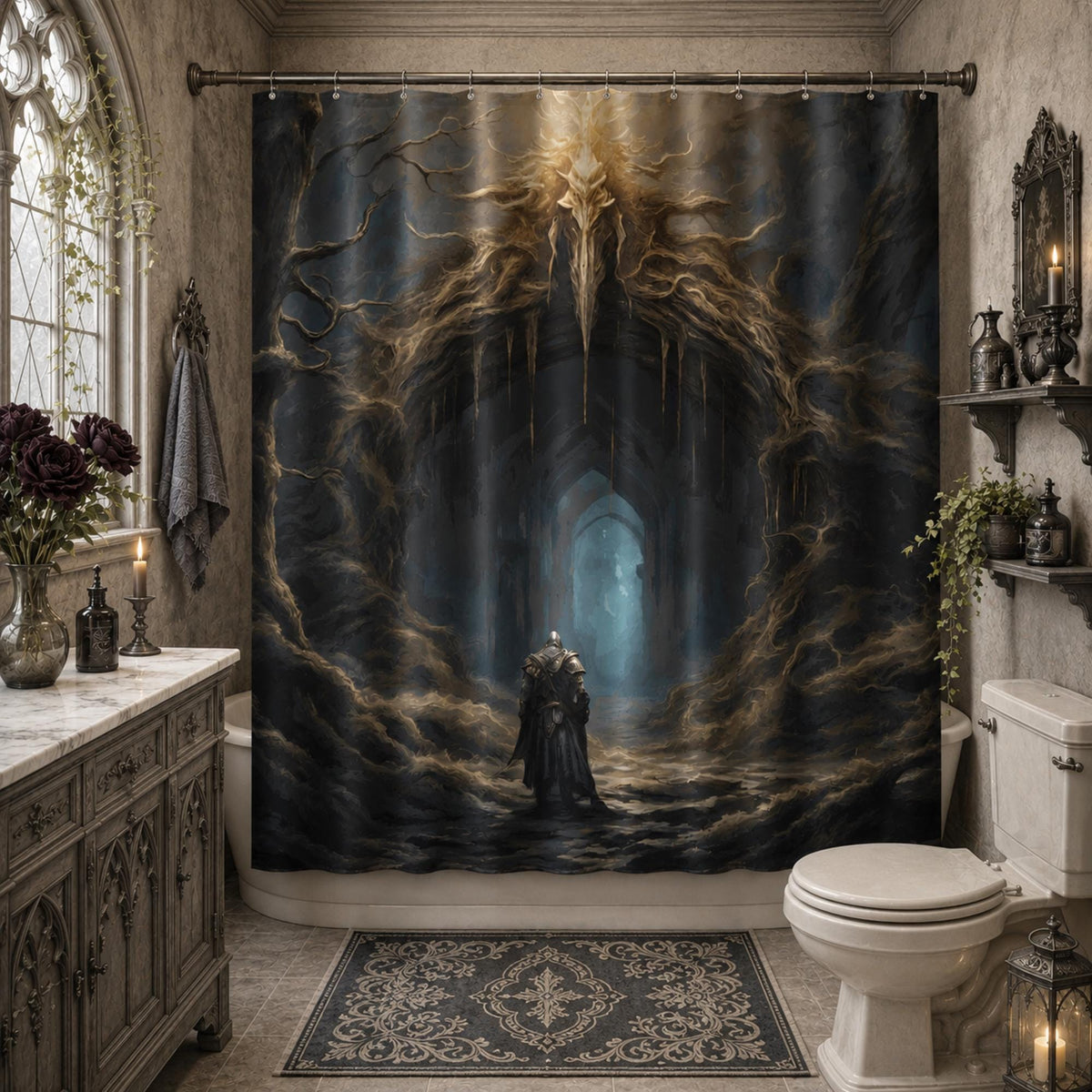Elden Ring Warrior Gift Idea for Teen Gamer Dark Souls Bathroom Decor Gothic Fantasy Custom Shower Curtain Dark Academia Goblincore Decor