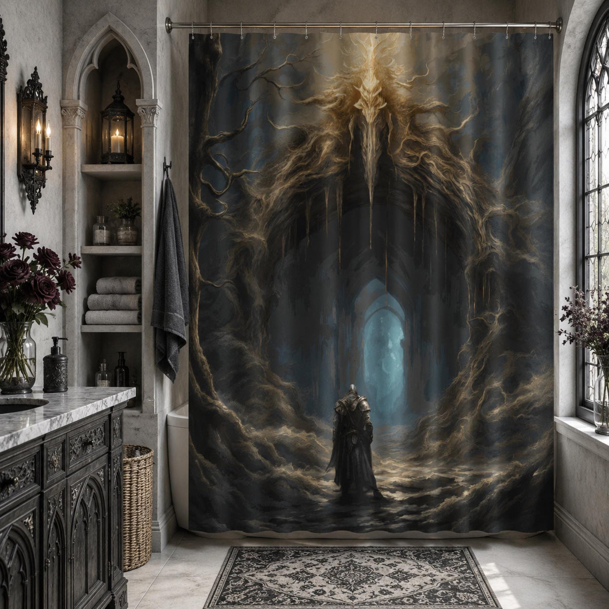 Elden Ring Warrior Gift Idea for Teen Gamer Dark Souls Bathroom Decor Gothic Fantasy Custom Shower Curtain Dark Academia Goblincore Decor