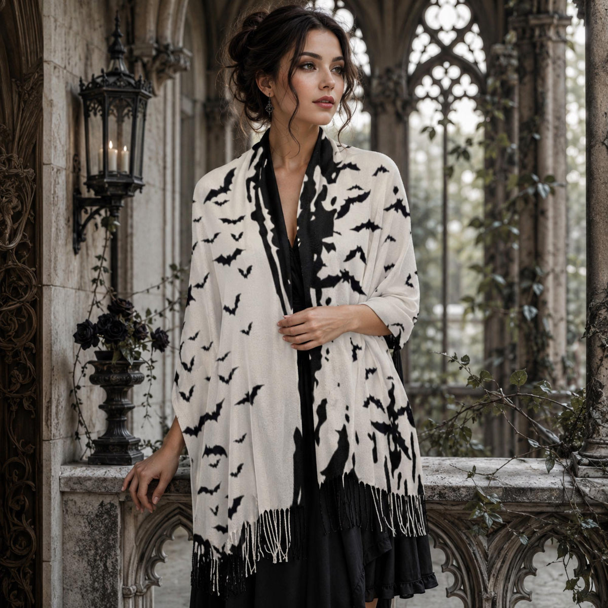 Witchy Gothic Outerwear Cloud of Bats Gothic Clothing Pagan Gift Flock of Birds Bat Shawl Oxblood Bat Tassel Scarf Gothic Halloween Fashion