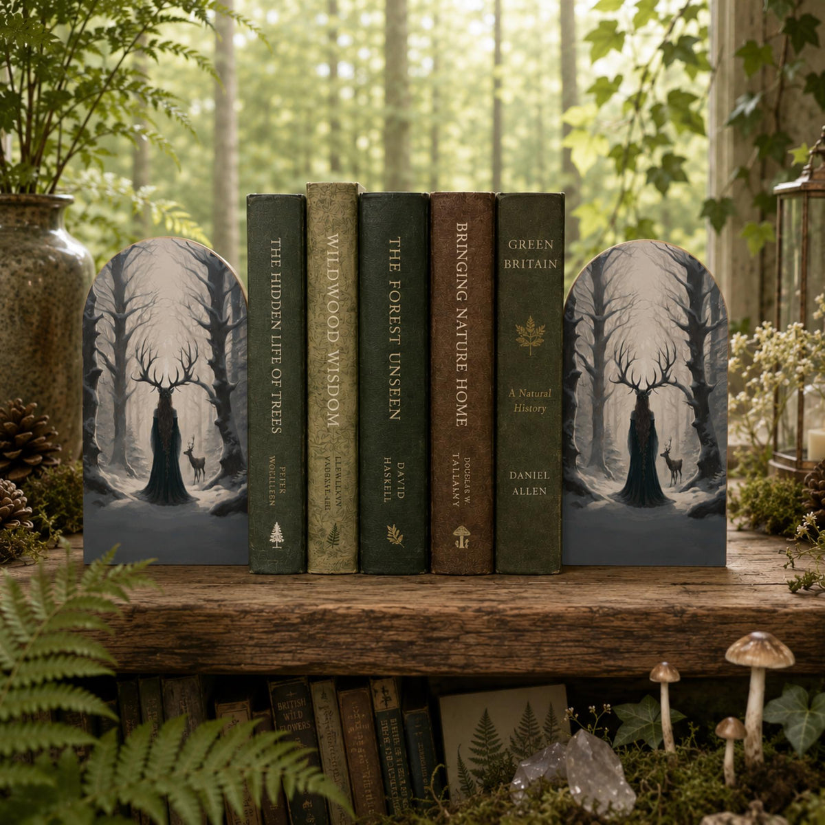 Elen of the Ways Witchy Forestcore Bookend Gift Idea for Book Lover Yule Witch Wood Bookends Cottagecore Holiday Decor Winter Solstice Gift