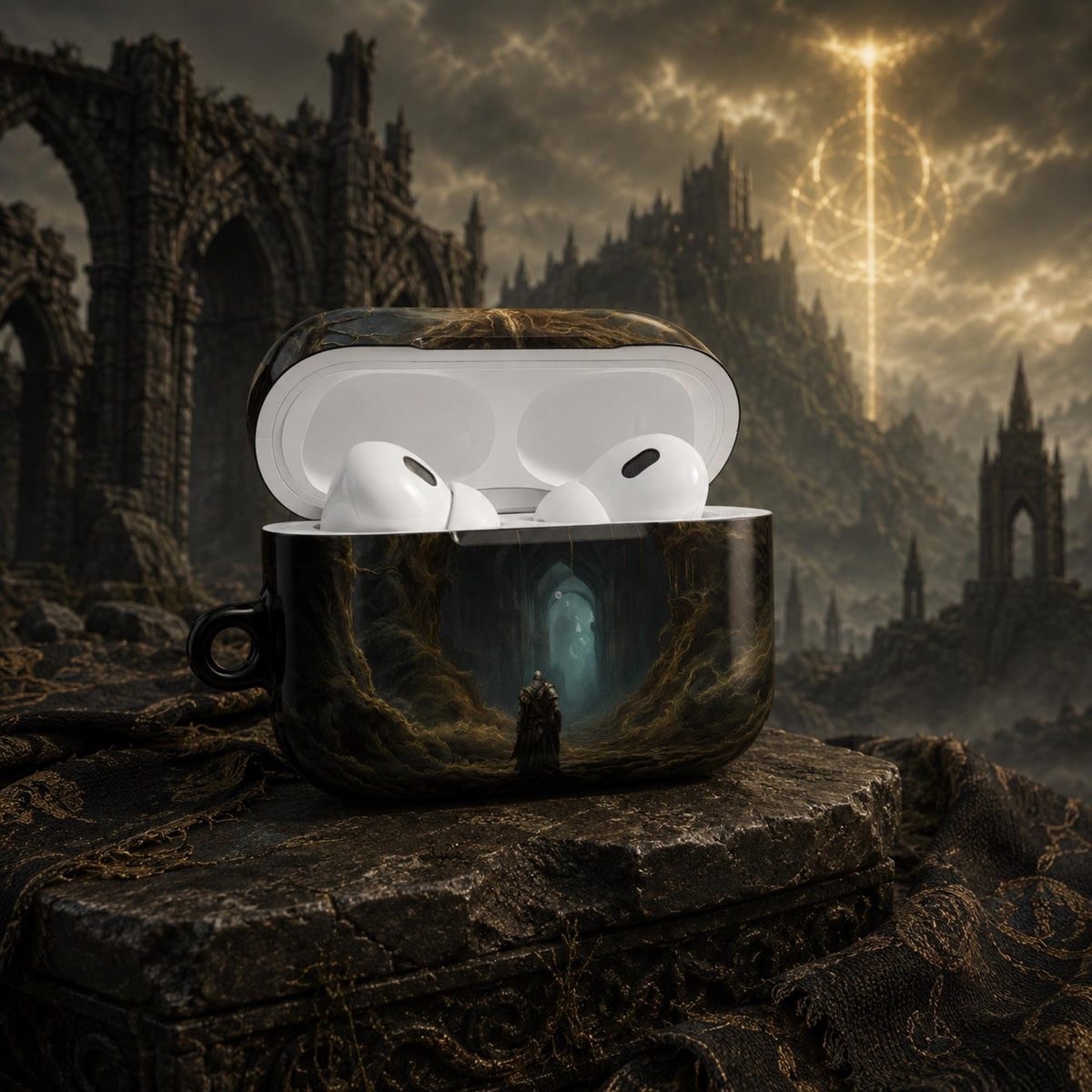 Elden Ring AirPod Case Fantasy Art Earbud Holder for Gamer Fantasy Art Magical Scene Earbud Holder Gift for Gamer Dragonborn Geeky Accessory