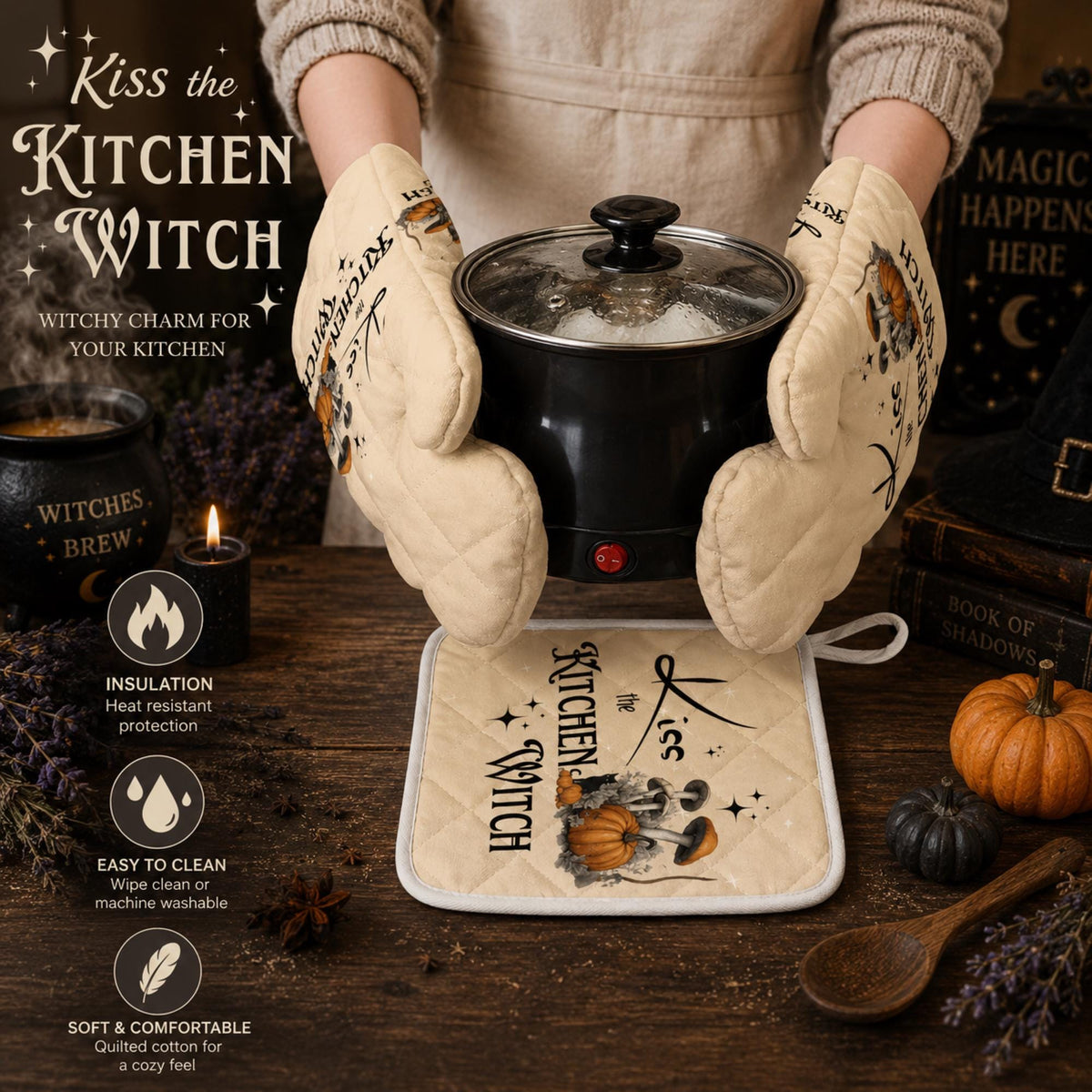 Kitchen Witch Oven Mitts & Pot Holder Set for Spooky Cook Gift Pagan Black Magick Witchy Cookware Gift Gothic Home Chef Occult Kitchen Gear