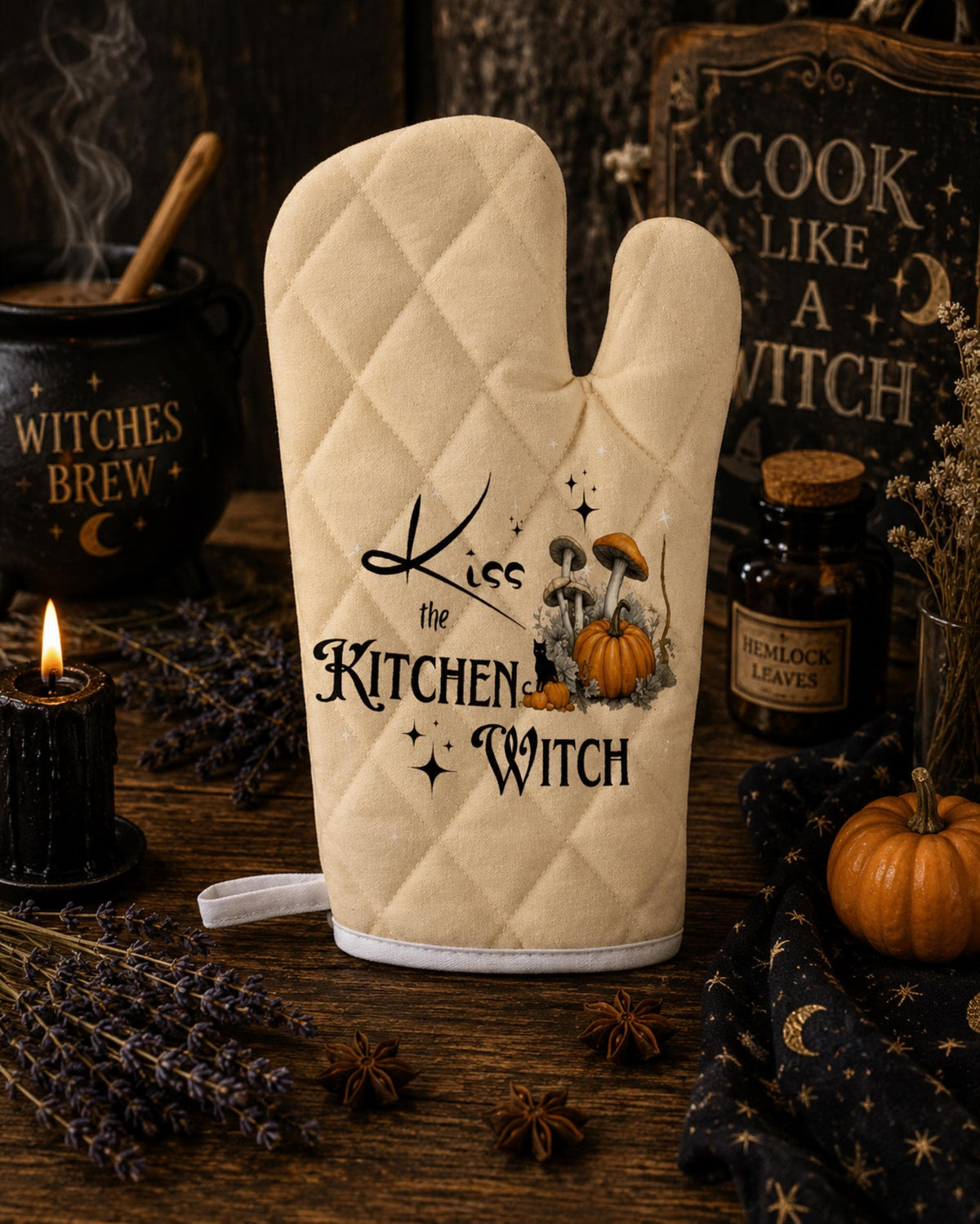 Kitchen Witch Oven Mitts & Pot Holder Set for Spooky Cook Gift Pagan Black Magick Witchy Cookware Gift Gothic Home Chef Occult Kitchen Gear