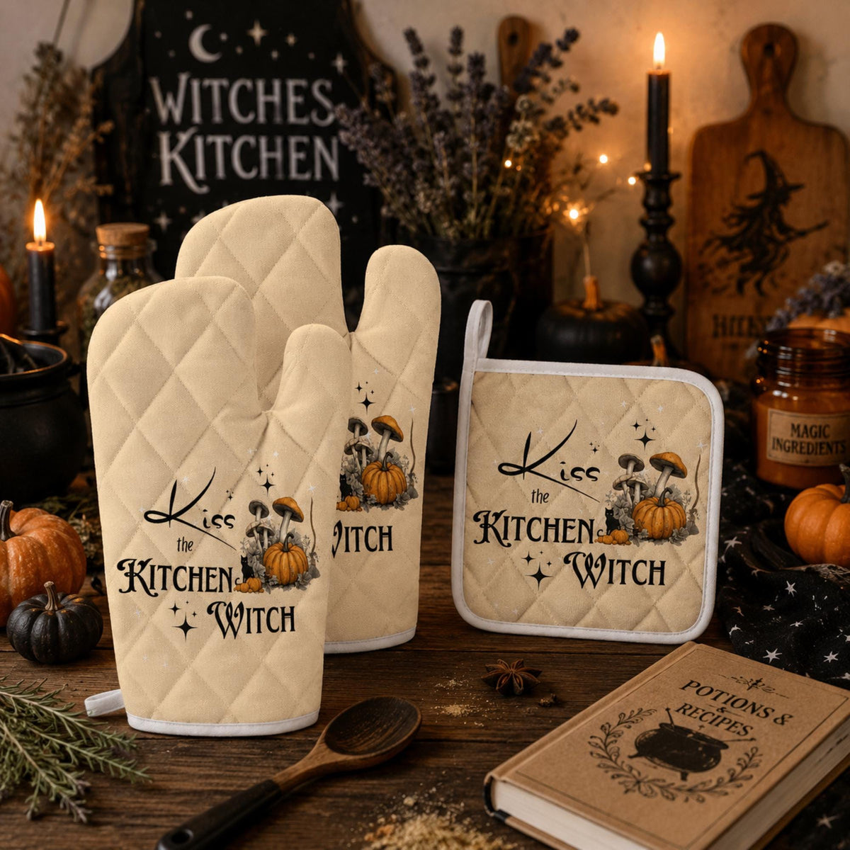 Kitchen Witch Oven Mitts & Pot Holder Set for Spooky Cook Gift Pagan Black Magick Witchy Cookware Gift Gothic Home Chef Occult Kitchen Gear