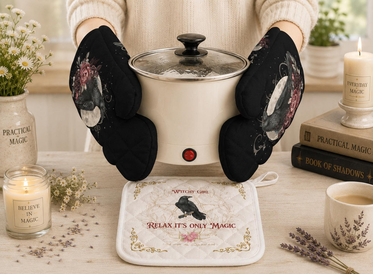 Kitchen Witch Holiday Gift for Mom Witchcore Oven Mitts & Pot Holder Black Crow Wiccan Kitchen Decor Witchy Dark Chef Accessory Kitchen Set