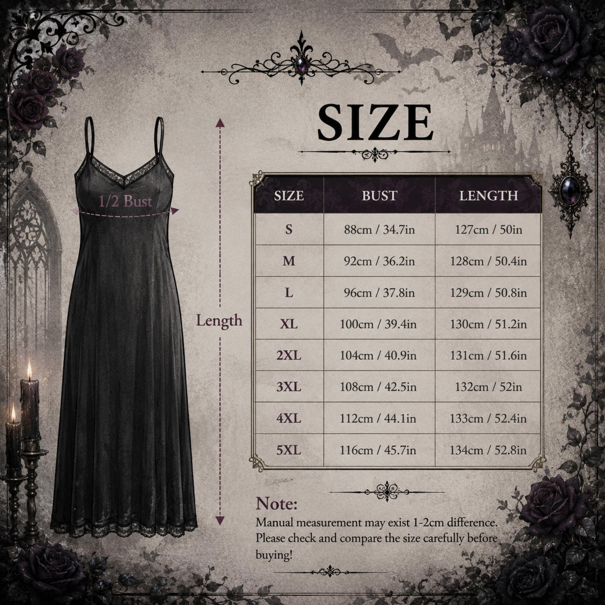 A size chart graphic for a black lace slip dress, showing a dress illustration, dimension arrows for bust and length, and a size table from S to 5XL with measurements on a dark gothic background.
