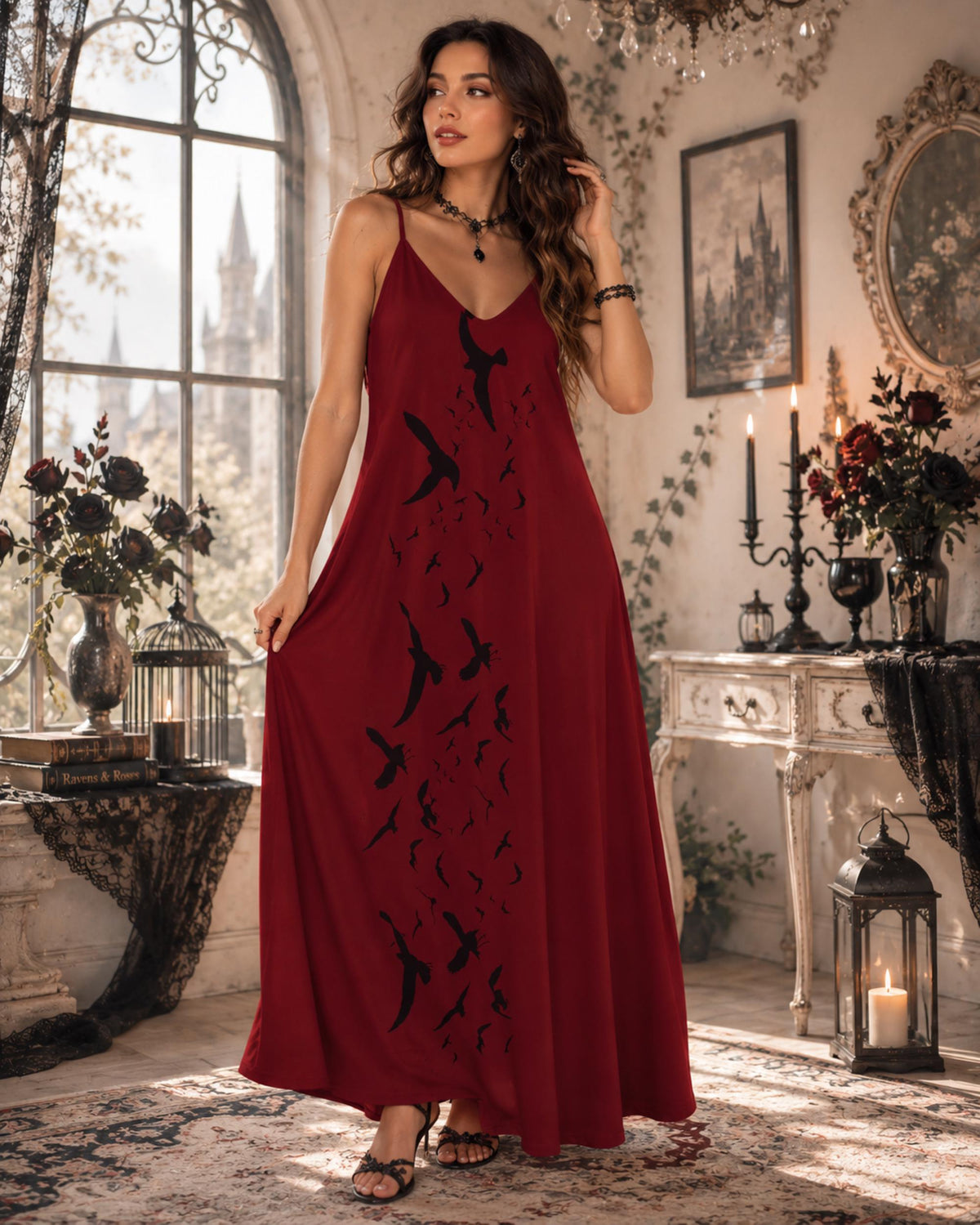 A woman models a long red maxi dress with black bird silhouettes printed down the front, standing in a vintage-style room with candles, framed art, and a large arched window.
