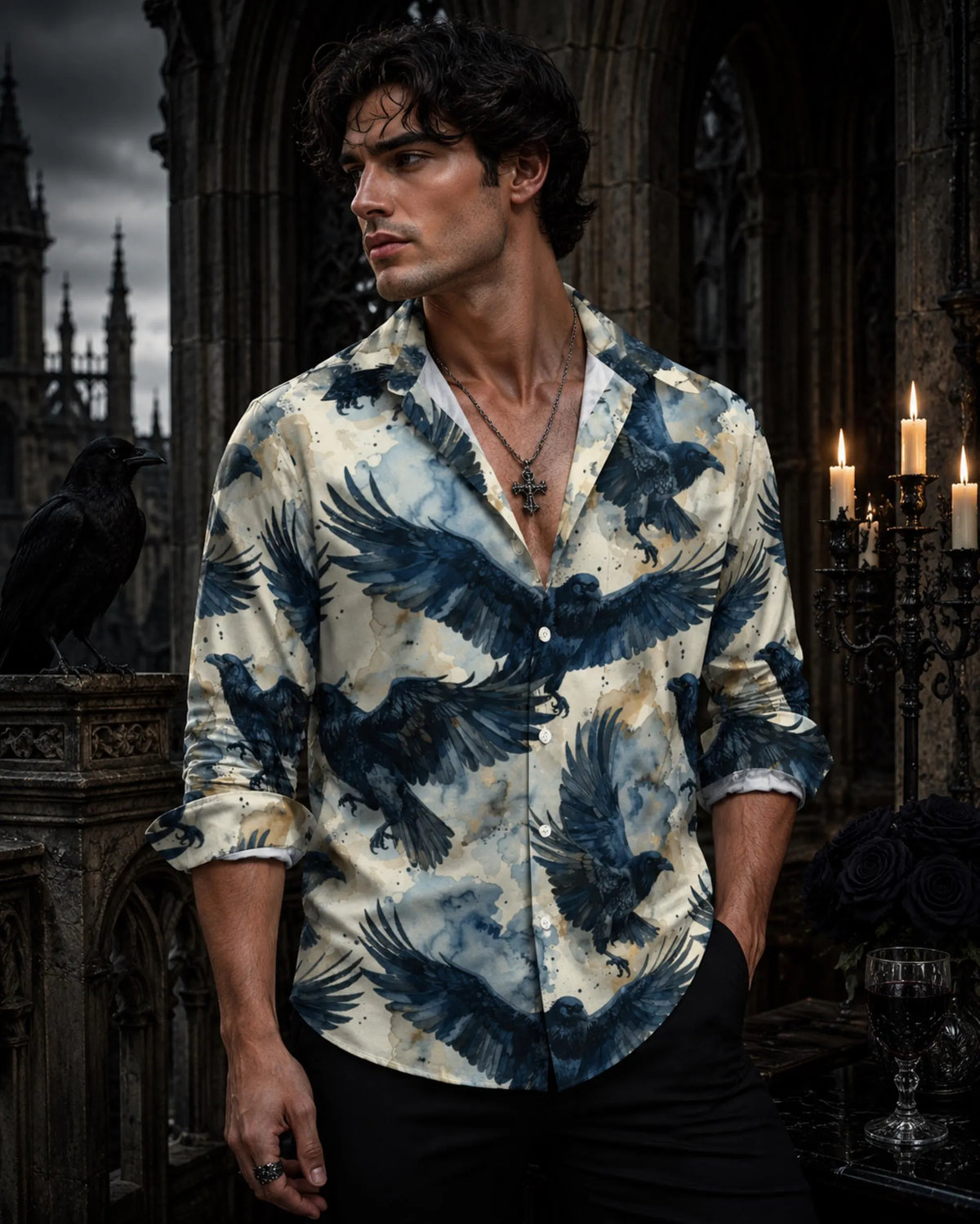 Hallow Plus Size Crow Oxford Goth Christmas Edgar Allan Poe Inspired Literary Men's Clothing for Dad Gift Dark Romance Shirt for Boyfriend