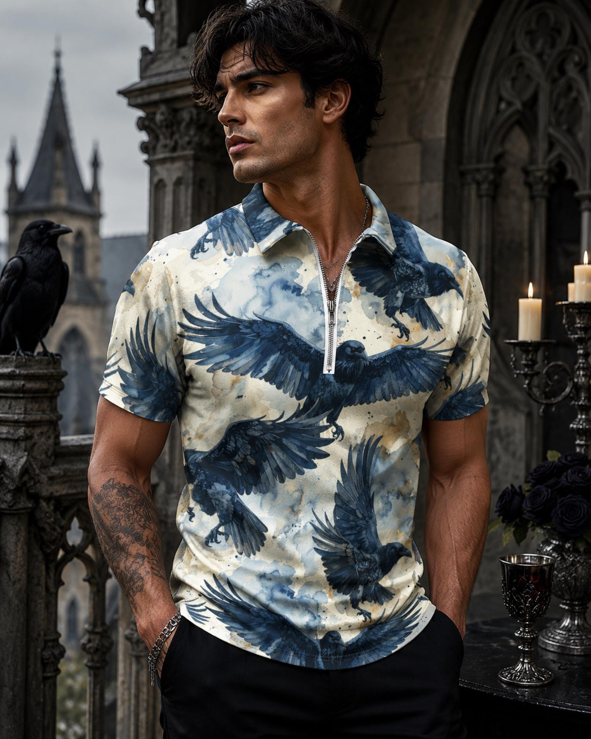 Goth Clothes for Men Gift for Halloween Edgar Allan Poe Plus Size Dark Romance Raven Oxford Christmas Holiday Dad Golf Shirt for Boyfriend