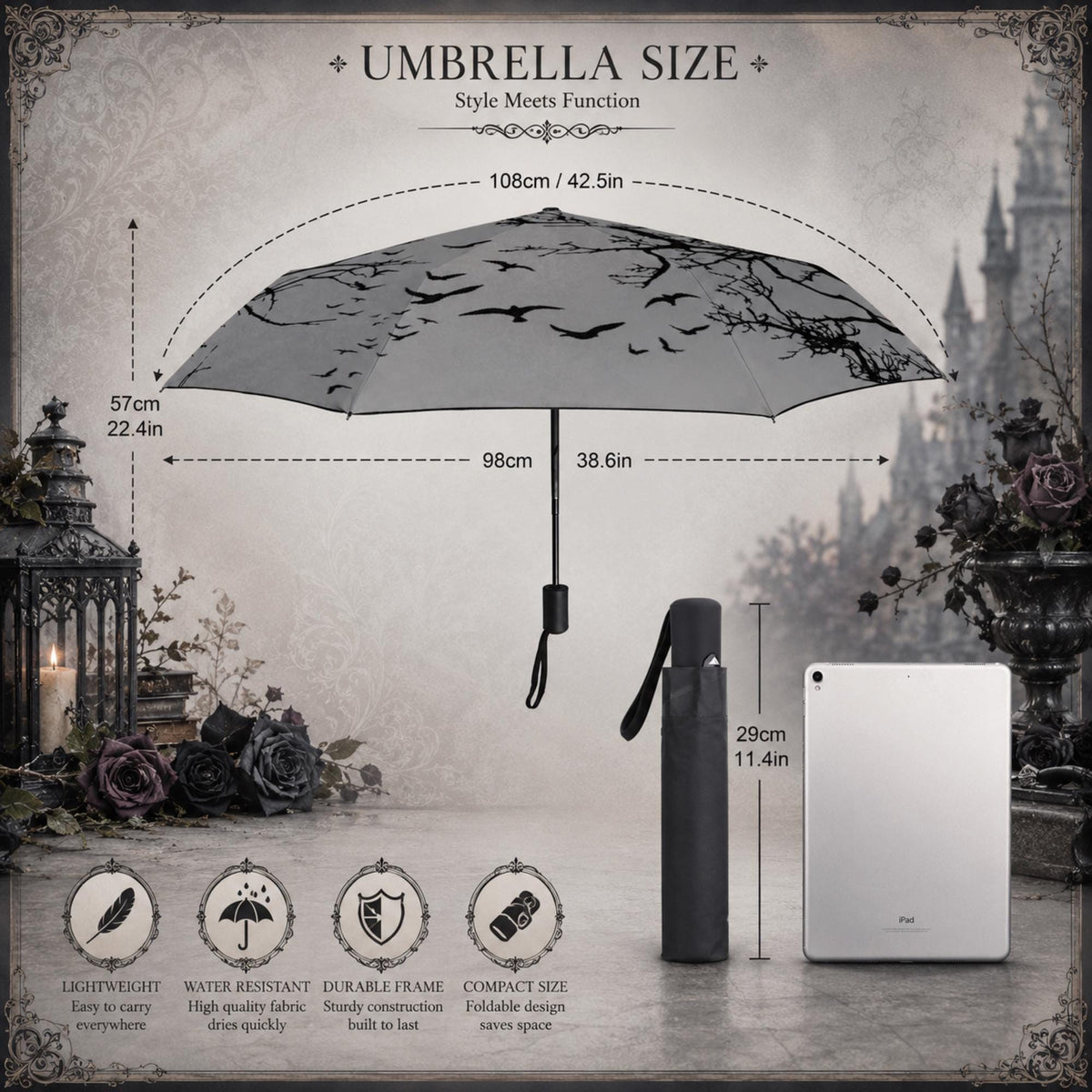 Goth Umbrella for Corporate Goth Lovers Mystic Crow Auto Umbrella Gift Idea for Halloween Gothic Witchcore Raven Parasol Umbrella Academy