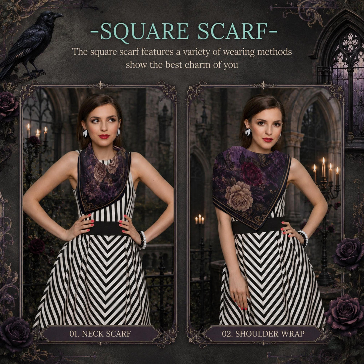 Dark Romance Altar Cloth for Gothic Halloween Party Rose & Crow Goth Scarf for Festive Holiday Magical Witch Square Holiday Gift for Mom