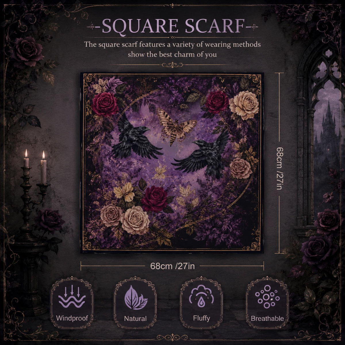 Dark Romance Altar Cloth for Gothic Halloween Party Rose & Crow Goth Scarf for Festive Holiday Magical Witch Square Holiday Gift for Mom