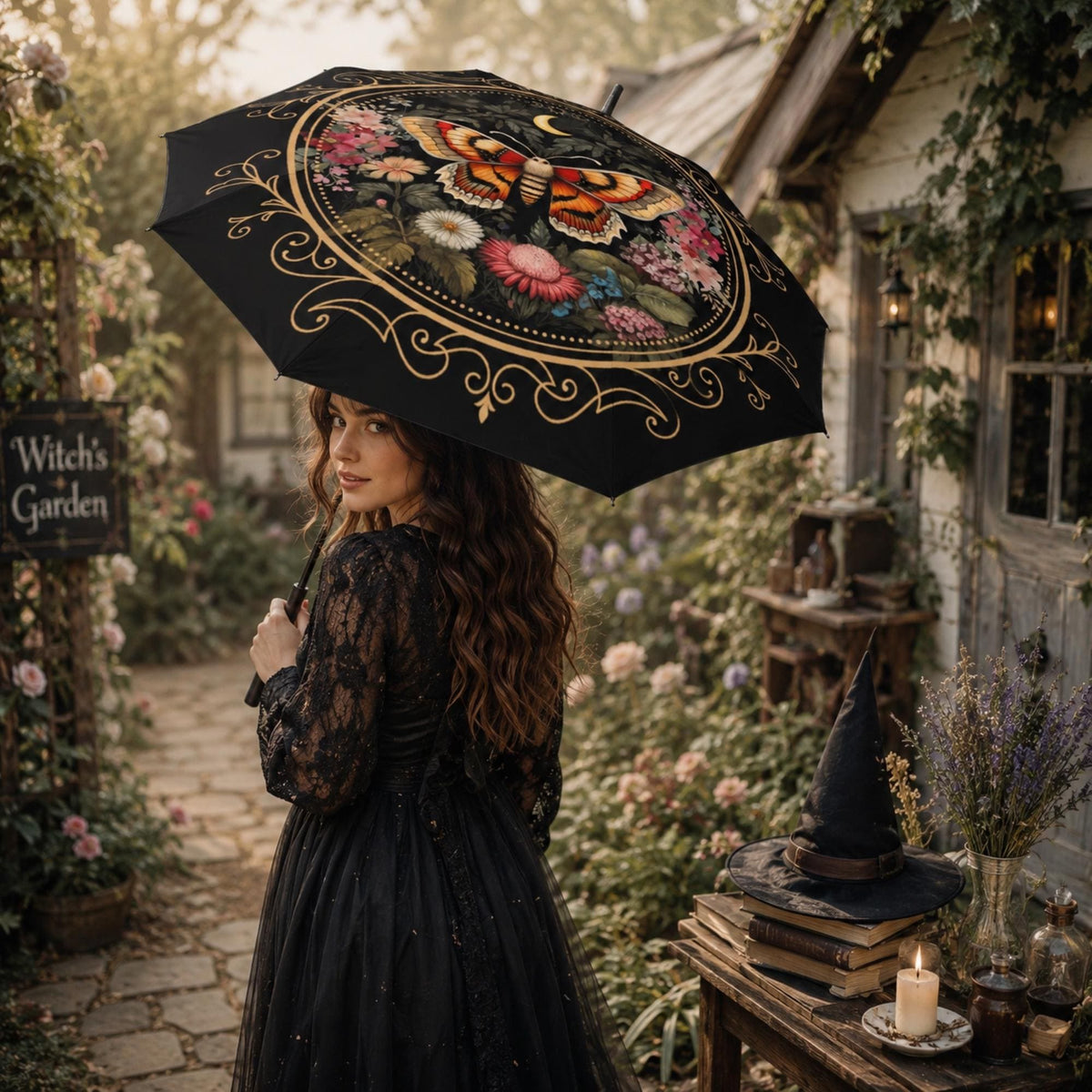 Witchy Girl Gifts Custom Umbrella for Bestie Cottagecore Luna Moth Parasol Gothic Floral Rain Accessory Holiday Idea for Mom Fall Host Gift