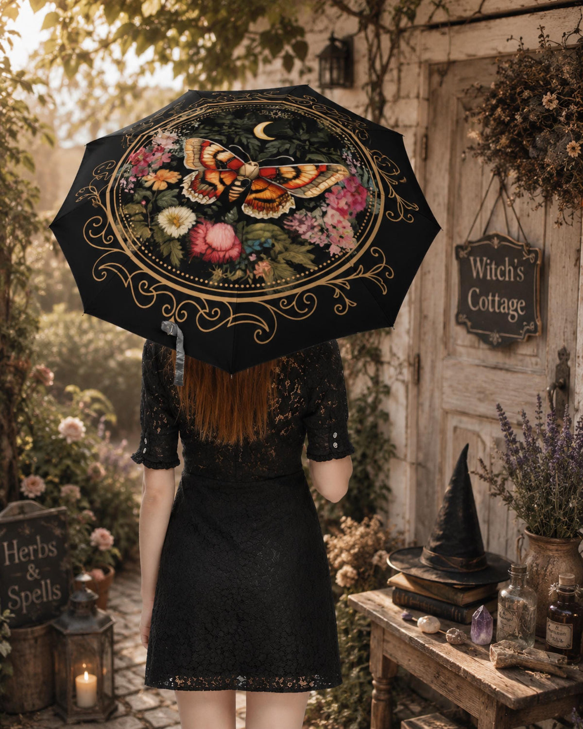 Witchy Girl Gifts Custom Umbrella for Bestie Cottagecore Luna Moth Parasol Gothic Floral Rain Accessory Holiday Idea for Mom Fall Host Gift