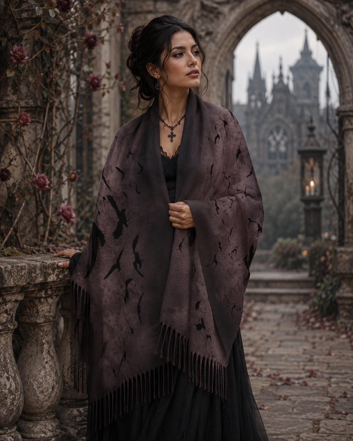 Raven Oxblood Scarf Christmas Gift for Witchy Mom Moody Gothic Shawl Cape Sorcière Crow Scarf for Halloween Festival Witchy Wrap for Bestie
