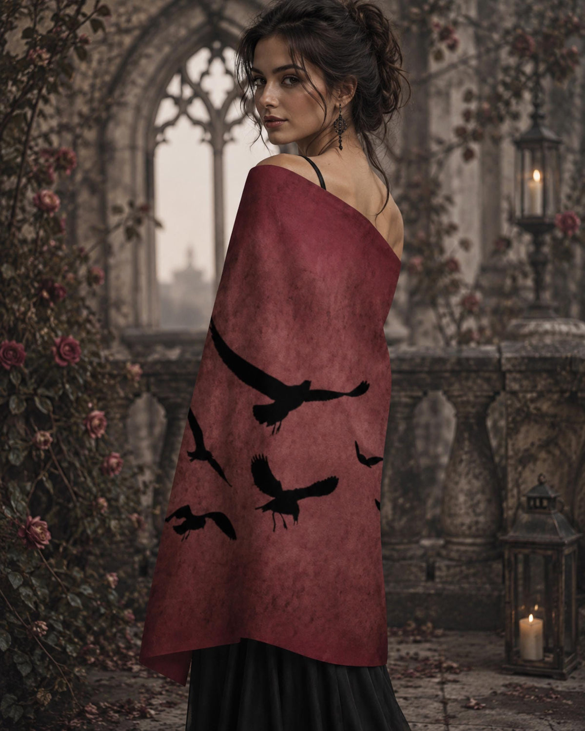 Raven Oxblood Scarf Christmas Gift for Witchy Mom Moody Gothic Shawl Cape Sorcière Crow Scarf for Halloween Festival Witchy Wrap for Bestie
