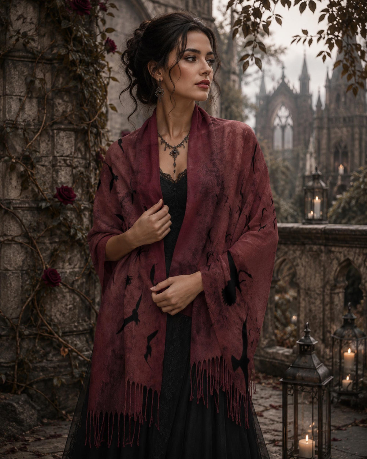 Raven Oxblood Scarf Christmas Gift for Witchy Mom Moody Gothic Shawl Cape Sorcière Crow Scarf for Halloween Festival Witchy Wrap for Bestie