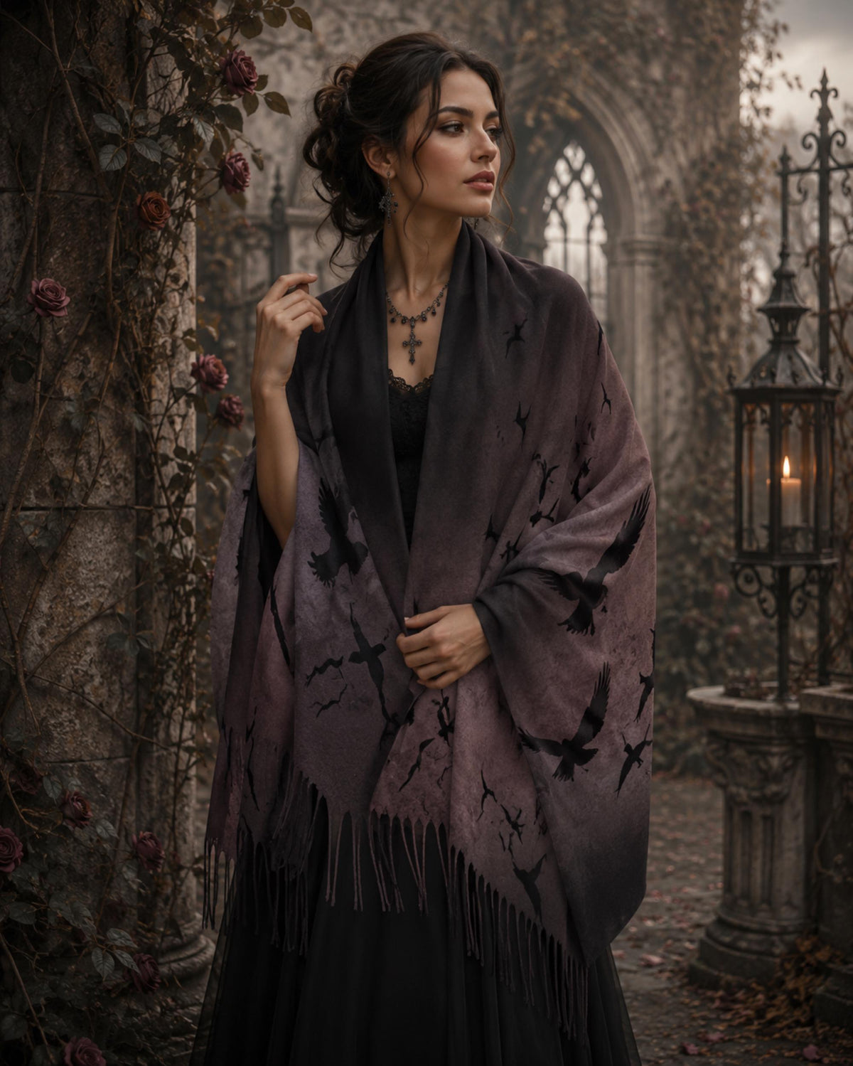 Raven Oxblood Scarf Christmas Gift for Witchy Mom Moody Gothic Shawl Cape Sorcière Crow Scarf for Halloween Festival Witchy Wrap for Bestie