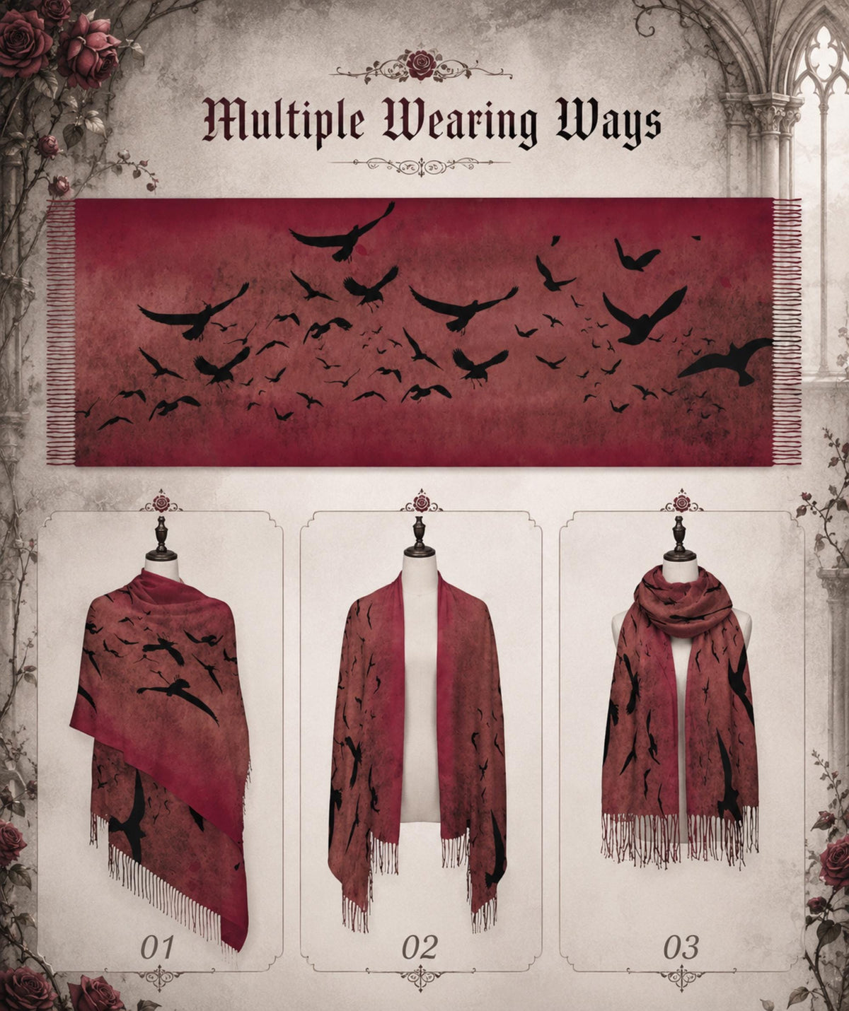 Raven Oxblood Scarf Christmas Gift for Witchy Mom Moody Gothic Shawl Cape Sorcière Crow Scarf for Halloween Festival Witchy Wrap for Bestie