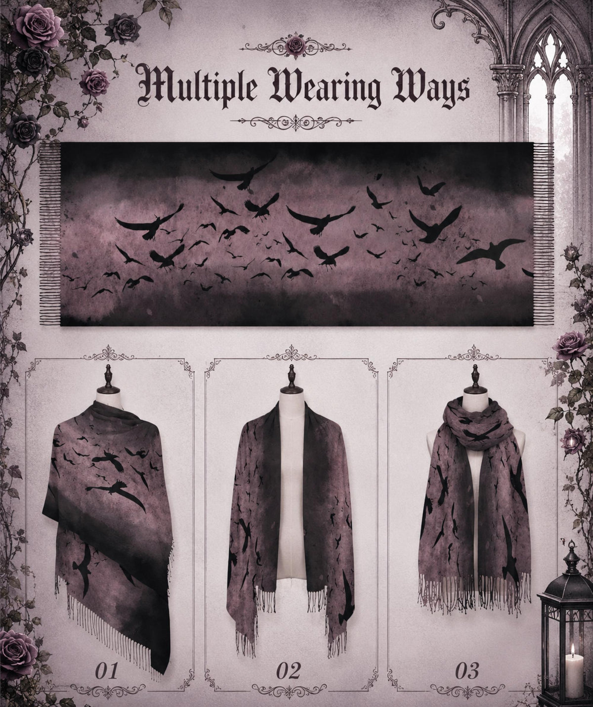 Raven Oxblood Scarf Christmas Gift for Witchy Mom Moody Gothic Shawl Cape Sorcière Crow Scarf for Halloween Festival Witchy Wrap for Bestie