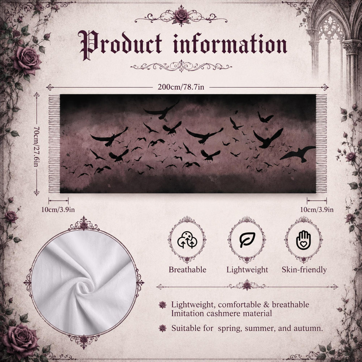 Raven Oxblood Scarf Christmas Gift for Witchy Mom Moody Gothic Shawl Cape Sorcière Crow Scarf for Halloween Festival Witchy Wrap for Bestie
