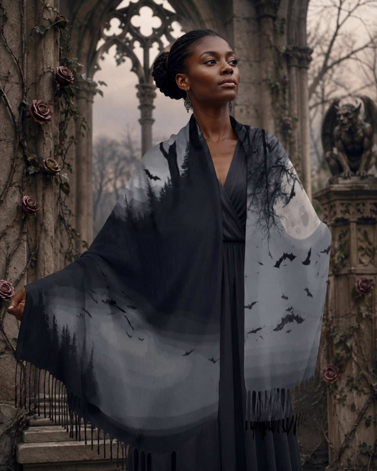 Goth Girl 18th Birthday Gift for Witchy Mom Gothic Bat Scarf for Halloween Party Full Moon Soft Shawl Gótico Bat Cape Sorcière Witch Scarf