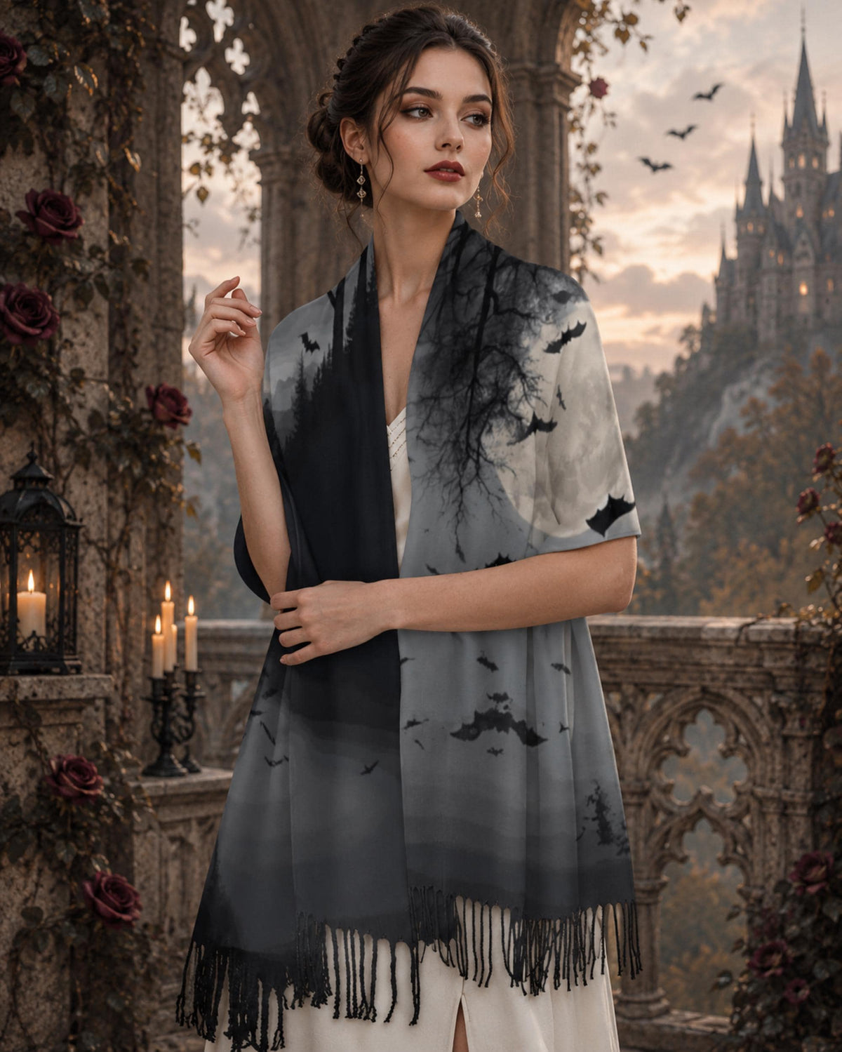 Goth Girl 18th Birthday Gift for Witchy Mom Gothic Bat Scarf for Halloween Party Full Moon Soft Shawl Gótico Bat Cape Sorcière Witch Scarf