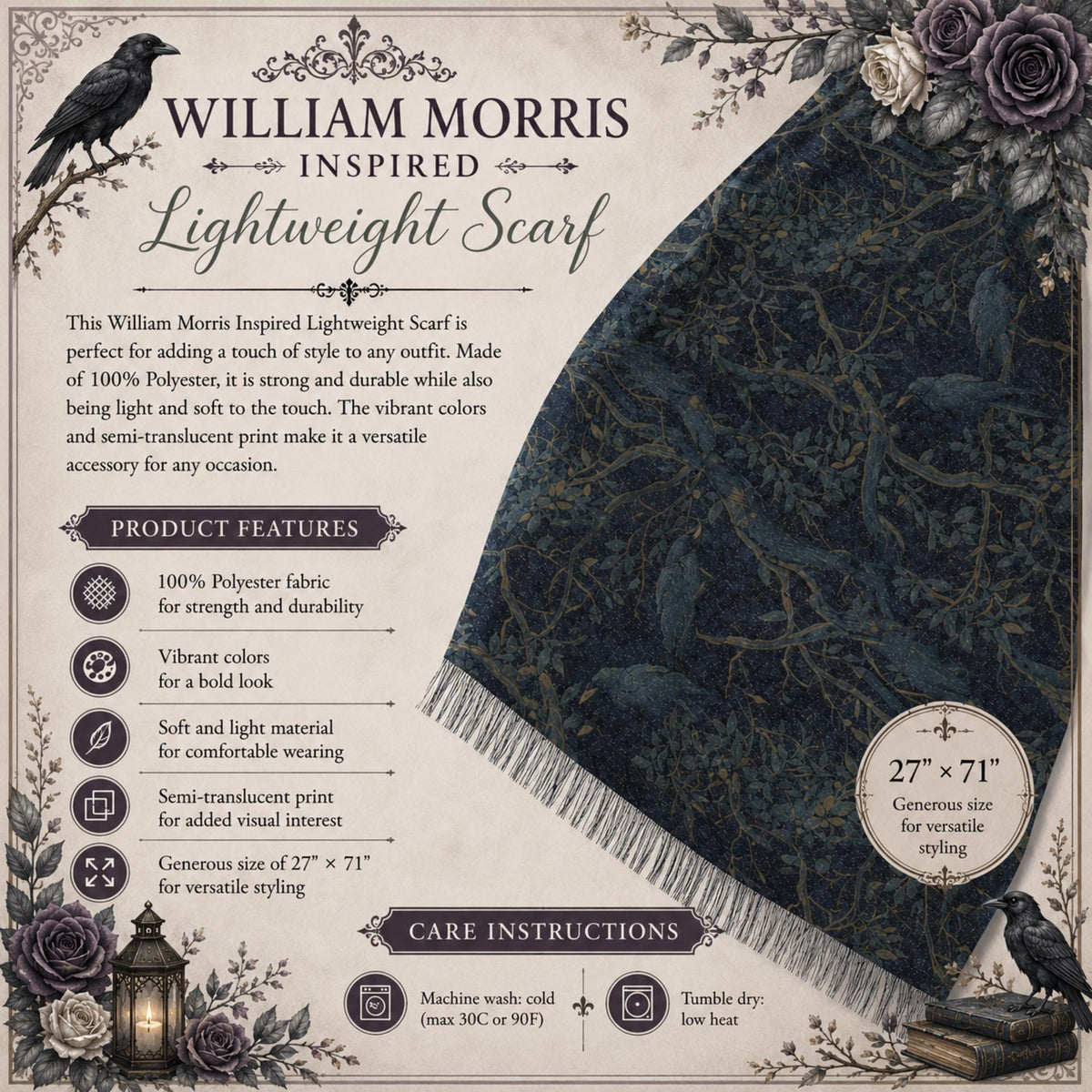 Fall Fashion Gift for Him William Morris Inspired Lightweight Dark Academia Shawl Crow Wrap Men & Women Designer Scarf Fashion Accessory