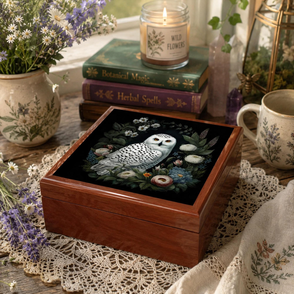 White owl jewelry box information graphic with open and closed views and storage and care details.
