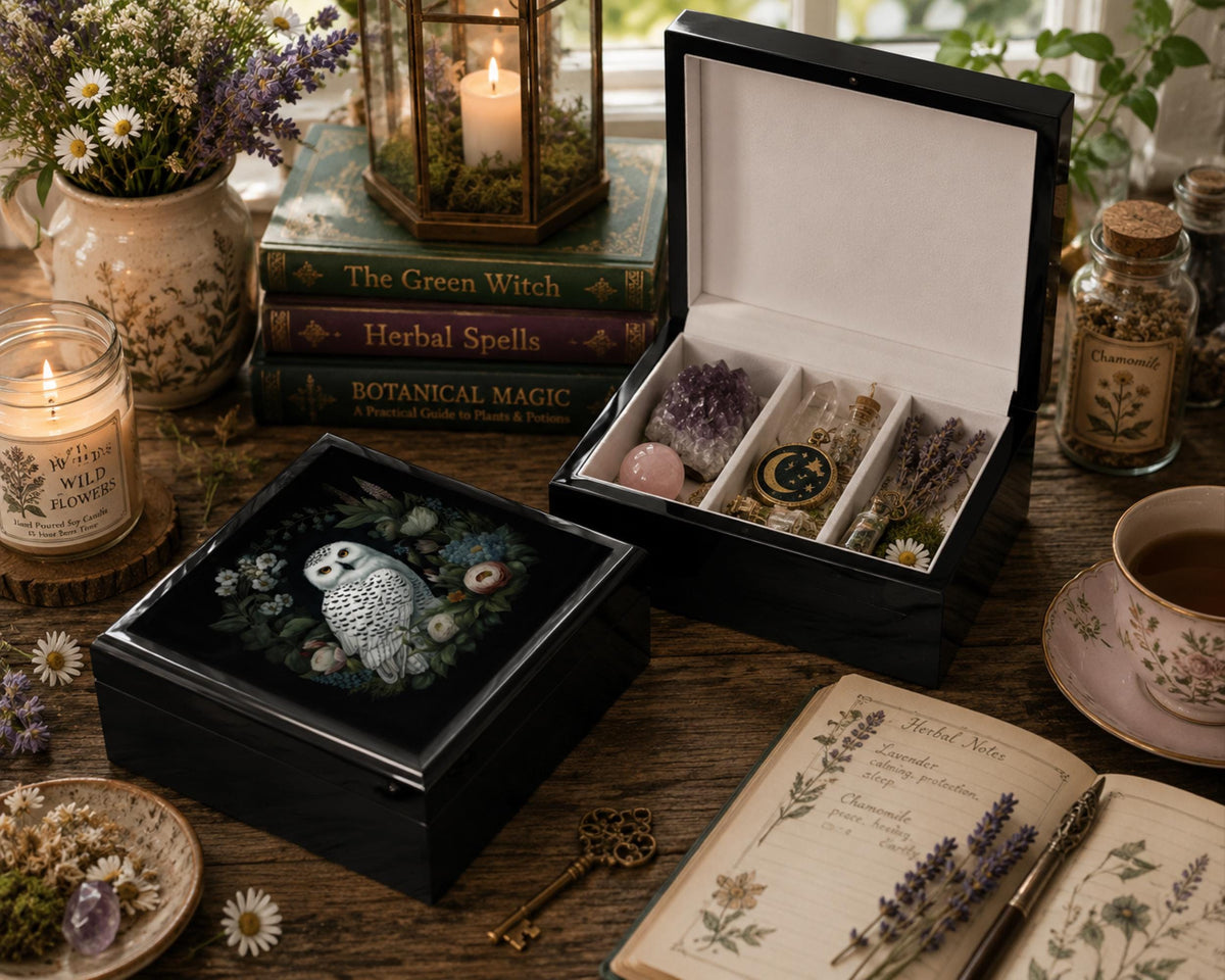 Angled view of a brown white-owl jewelry box on a desk beside a plant and stationery.