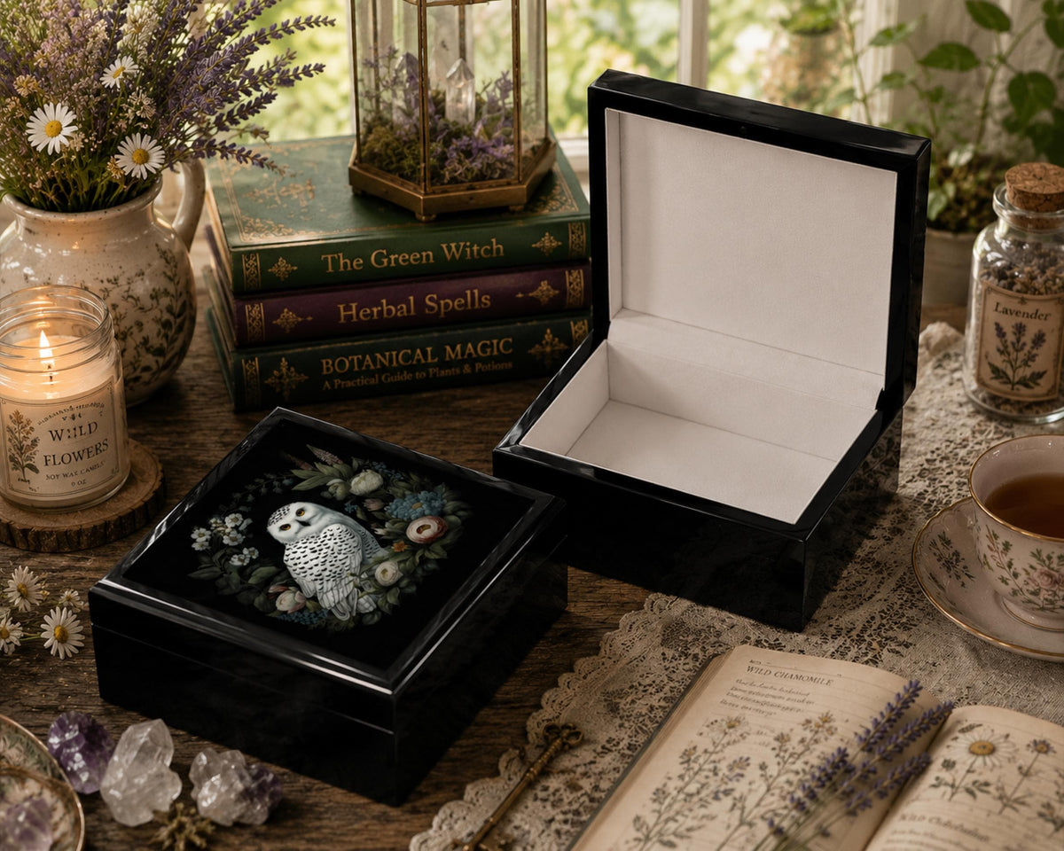 Angled view of a closed black white-owl jewelry box on a desk beside a plant and stationery.