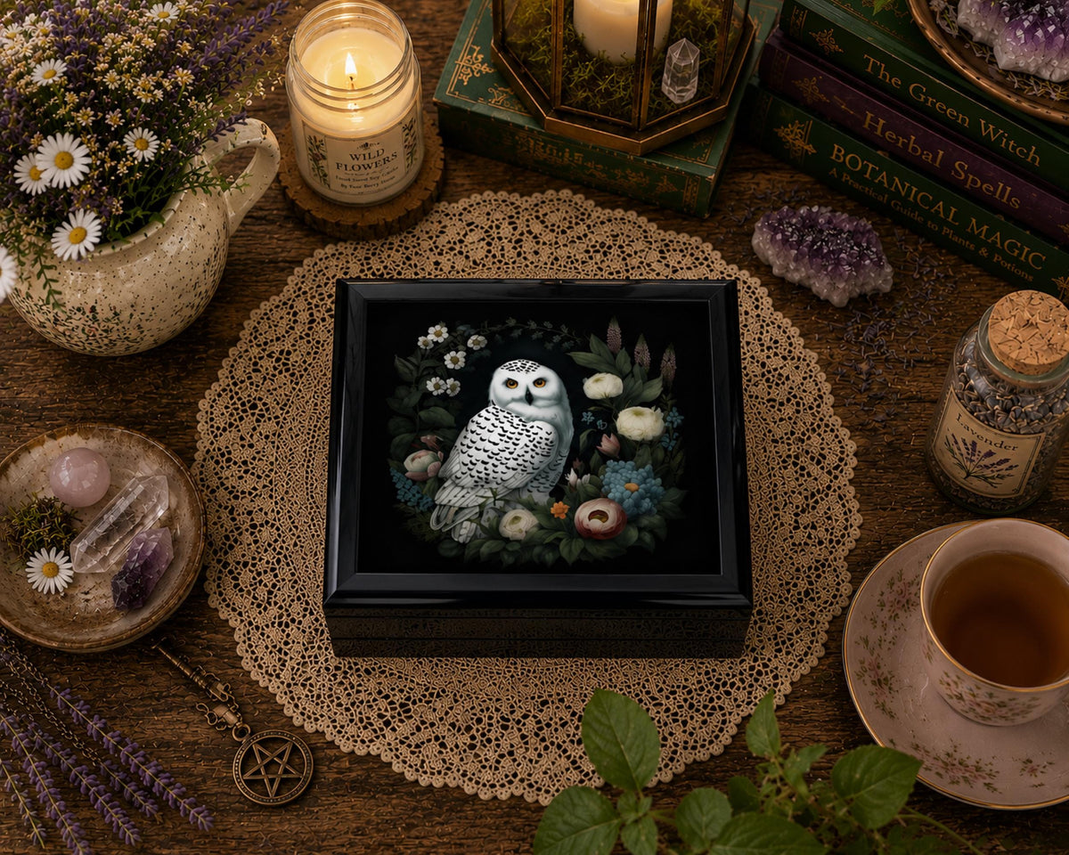 Overhead view of a black wooden jewelry box with a white owl and floral lid beside tea and crystals.