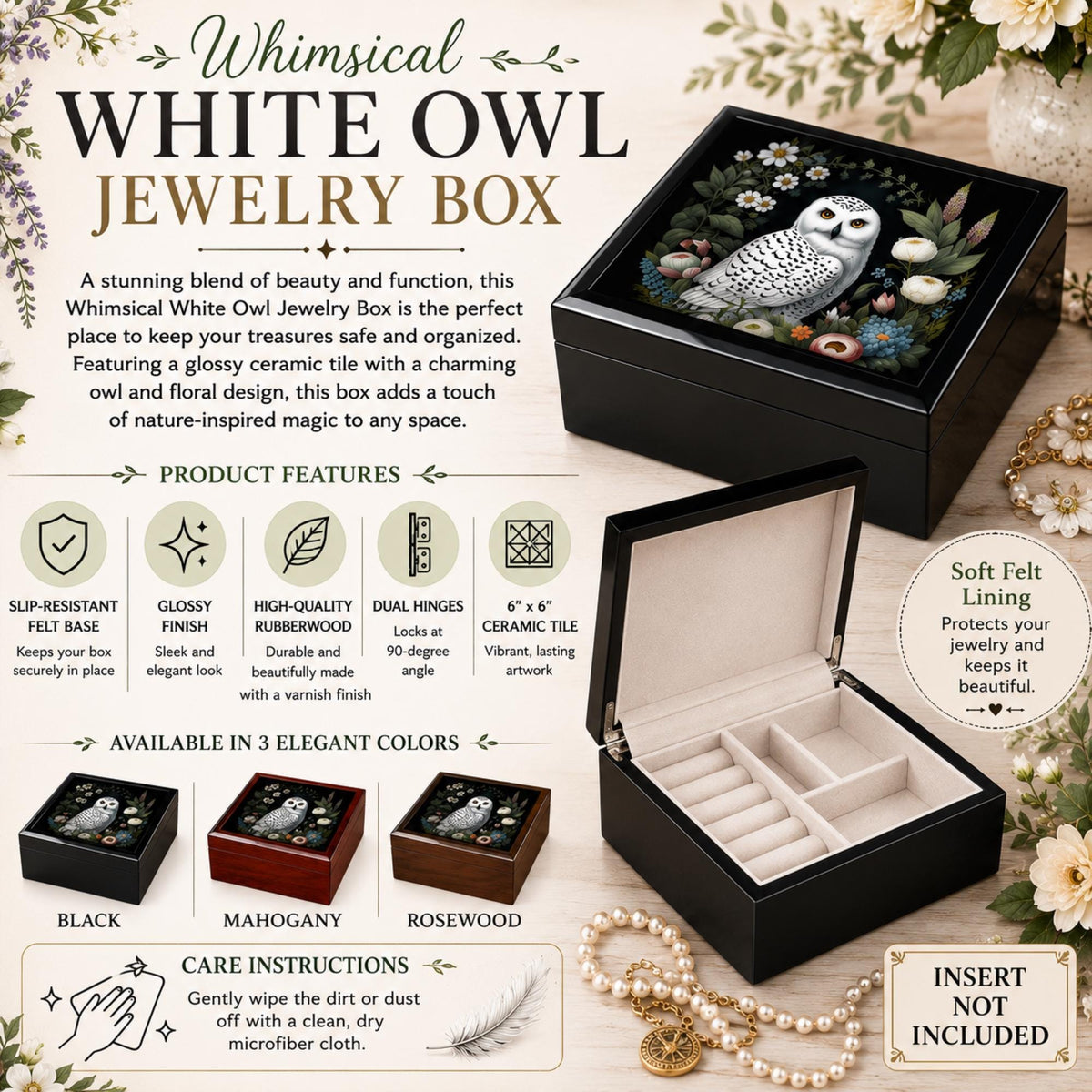 White owl jewelry box size graphic with lid and side views and dimensions for keepsake storage.