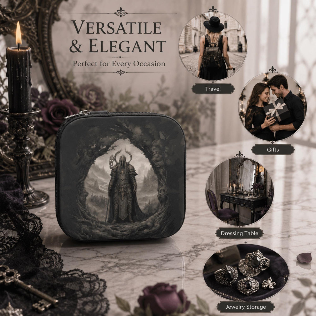 Upright warrior-print jewelry box with inset pictures illustrating travel and gifting and jewelry storage.
