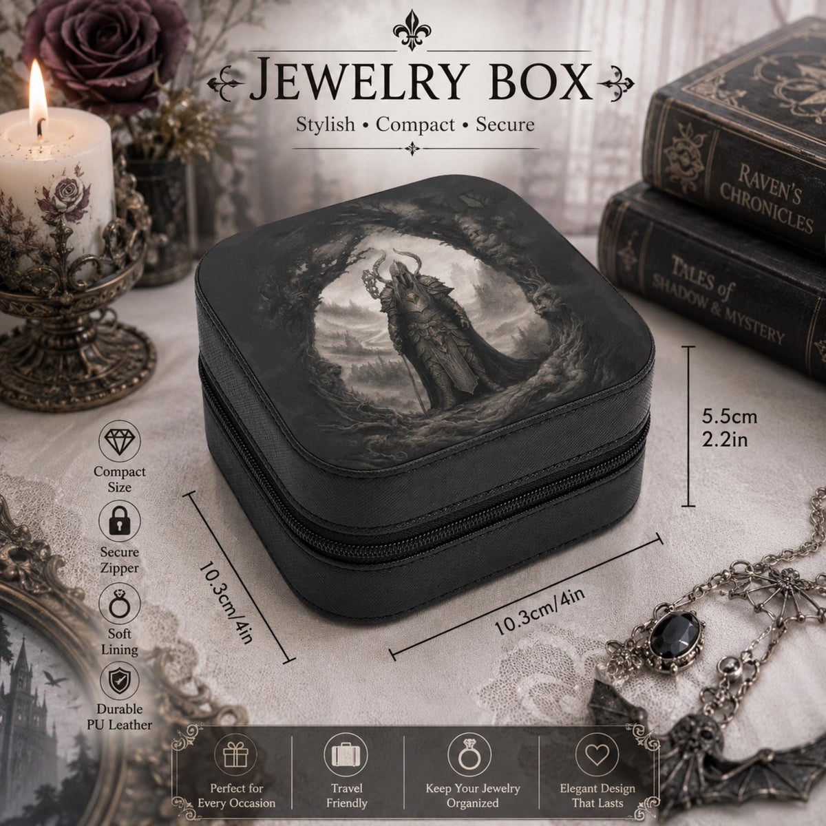 Warrior jewelry box size chart showing 10.3 cm square dimensions and 5.5 cm height with zipper and lining details.