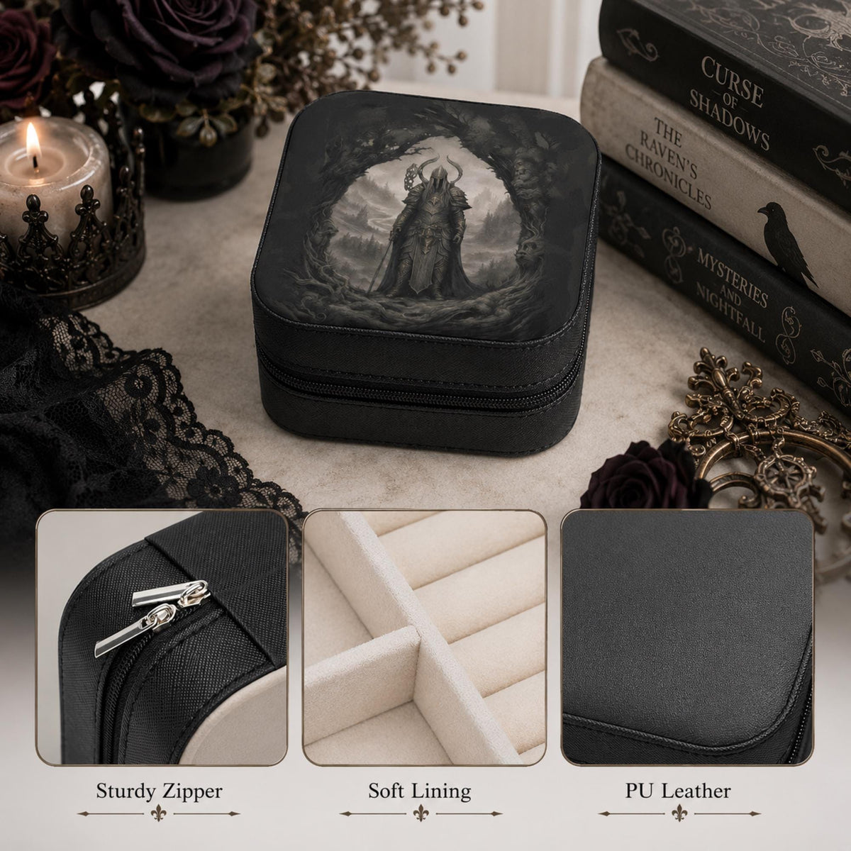 Warrior-print jewelry box with close-ups of its zipper and soft lining and a PU leather label.