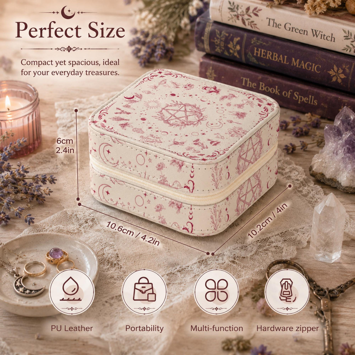 Floral pentagram jewelry box size graphic showing lid and side views with dimensions.